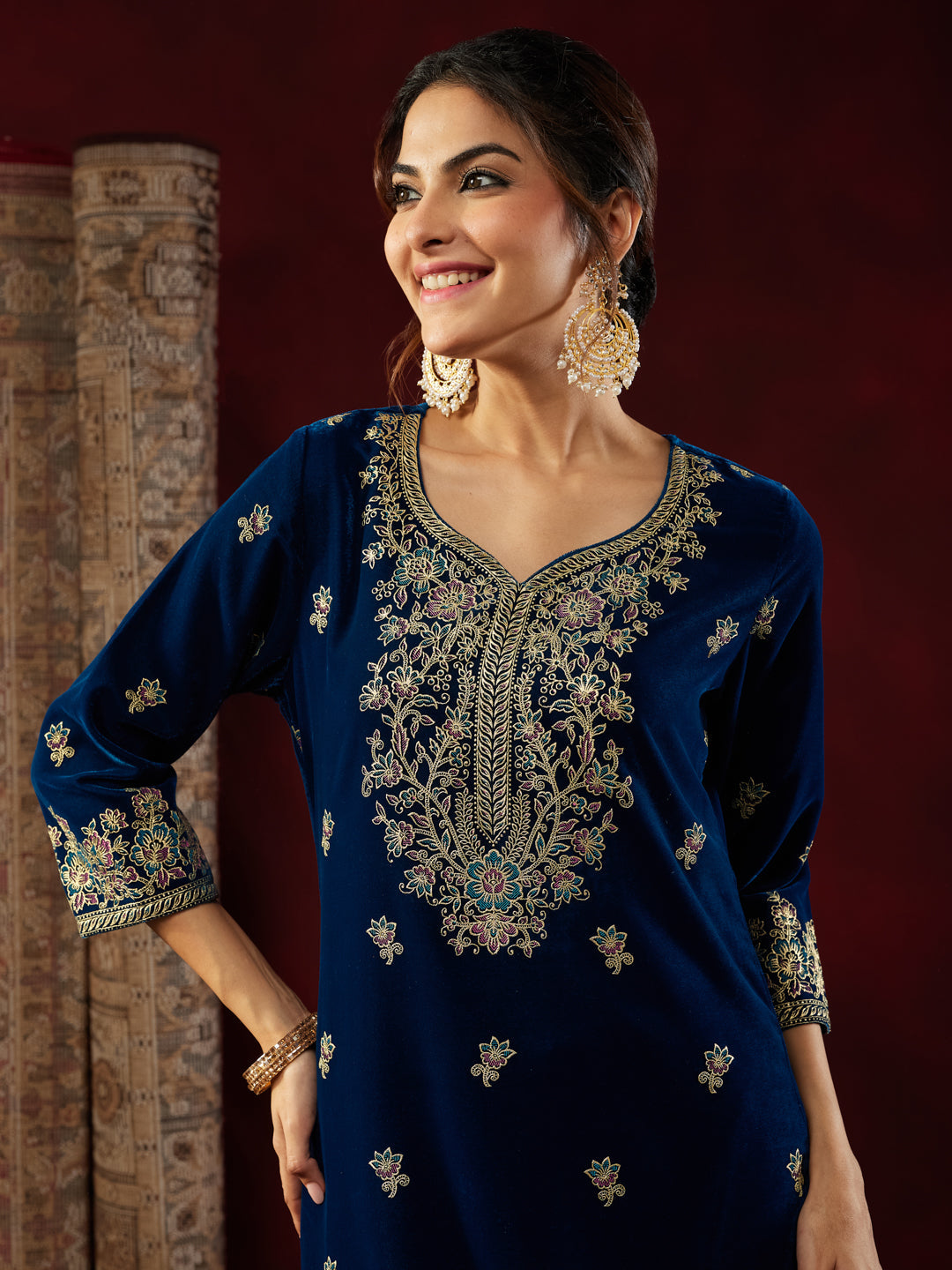 Ninnique Women's Teal Blue Velvet Embellished Gold Printed Straight Kurta Set