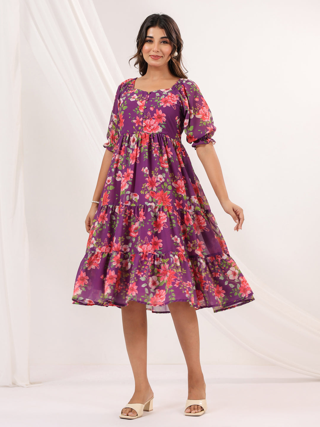 Ninnique Women's Purple Georgette Floral Printed Tiered Dress