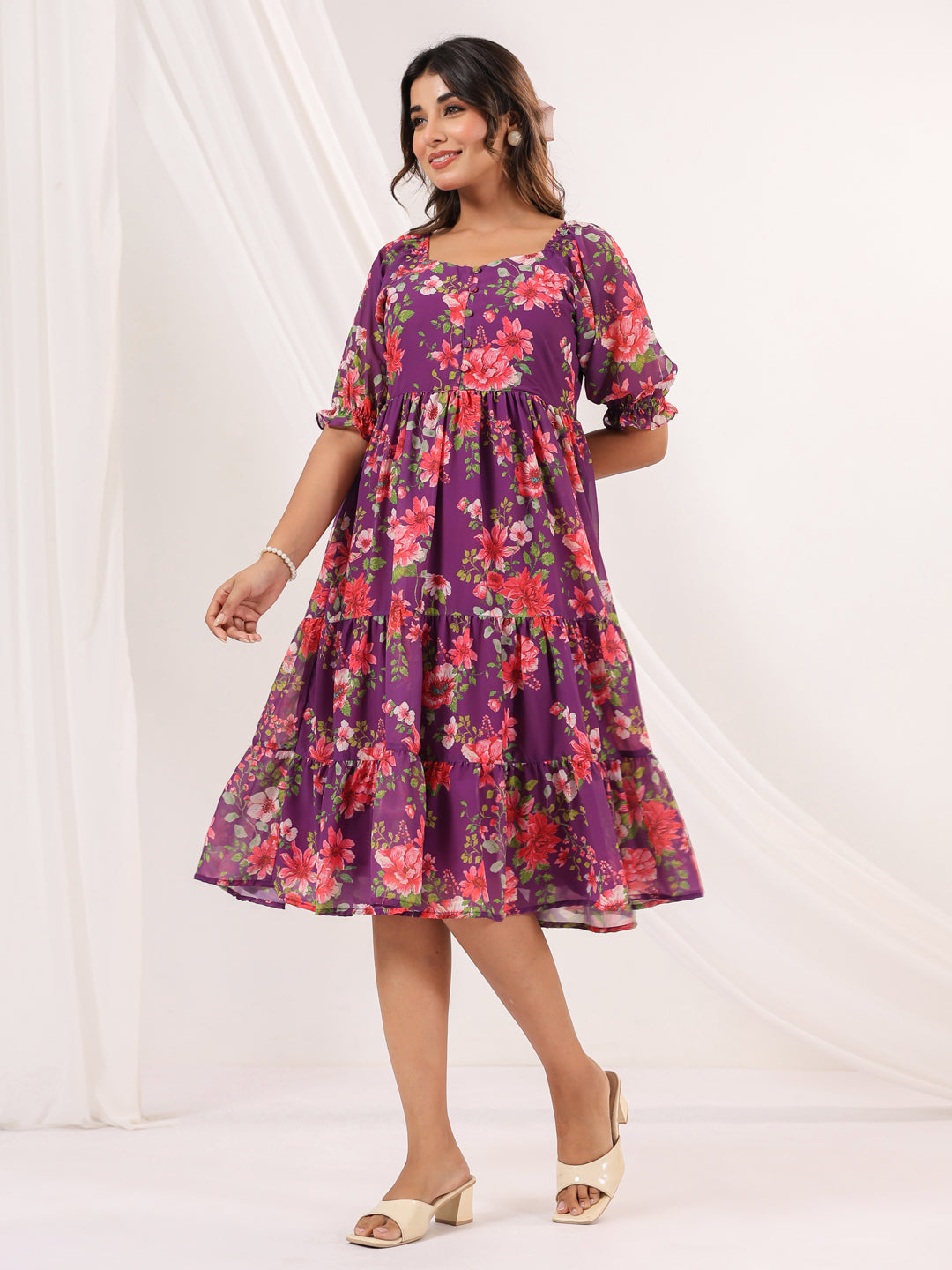 Ninnique Women's Purple Georgette Floral Printed Tiered Dress