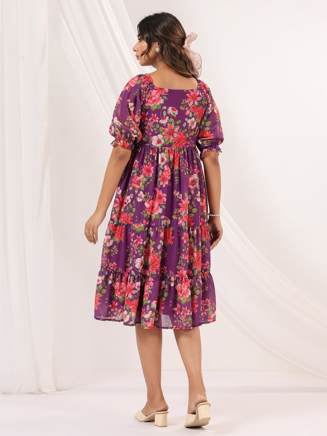 Ninnique Women's Purple Georgette Floral Printed Tiered Dress