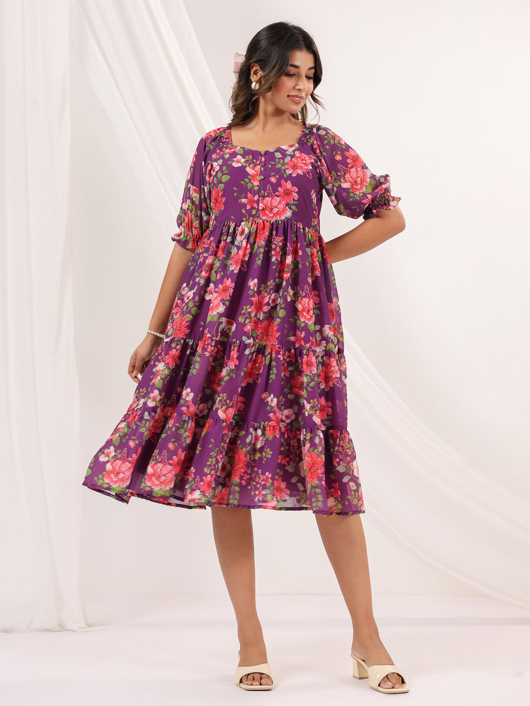 Ninnique Women's Purple Georgette Floral Printed Tiered Dress