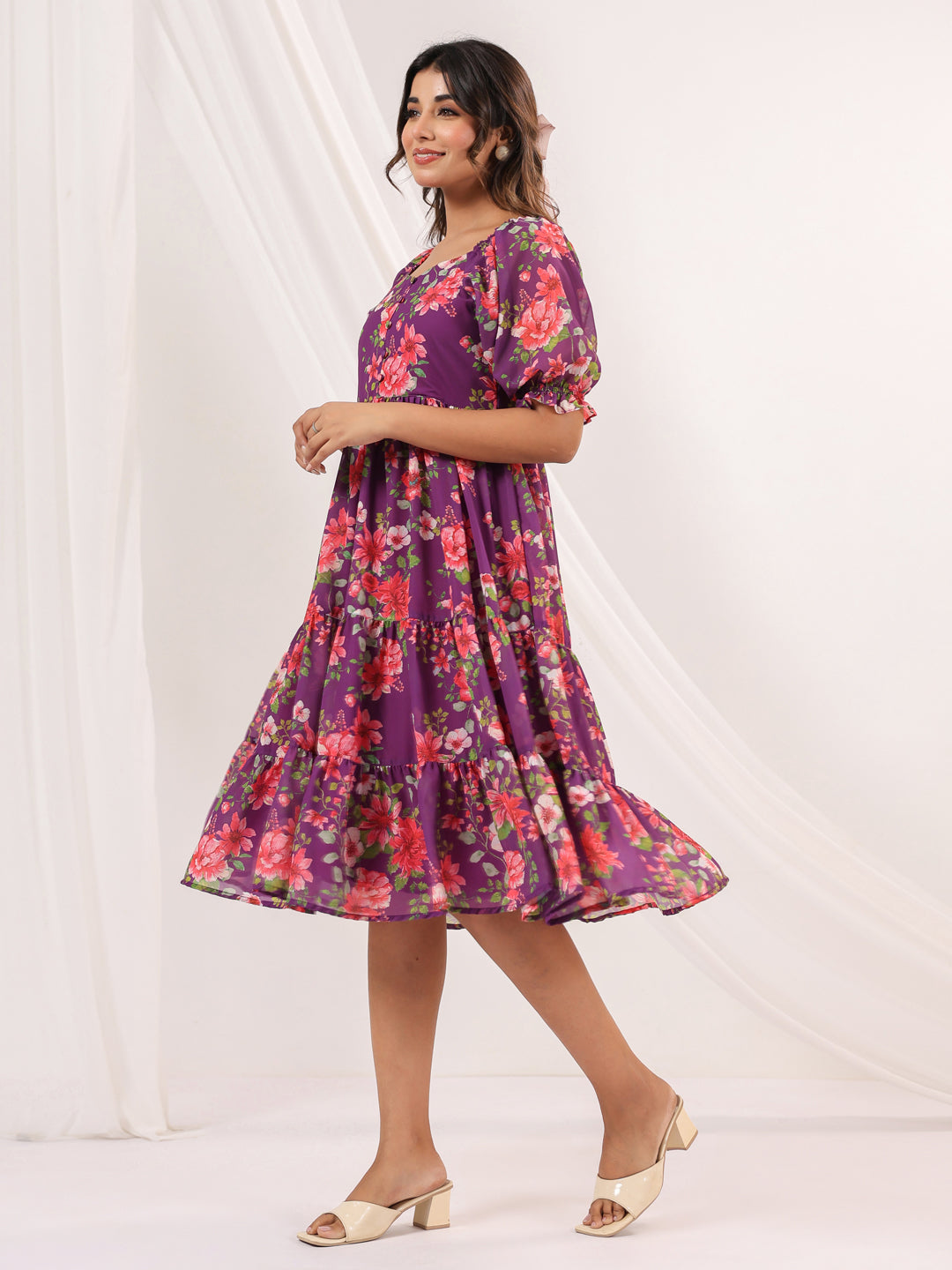 Ninnique Women's Purple Georgette Floral Printed Tiered Dress