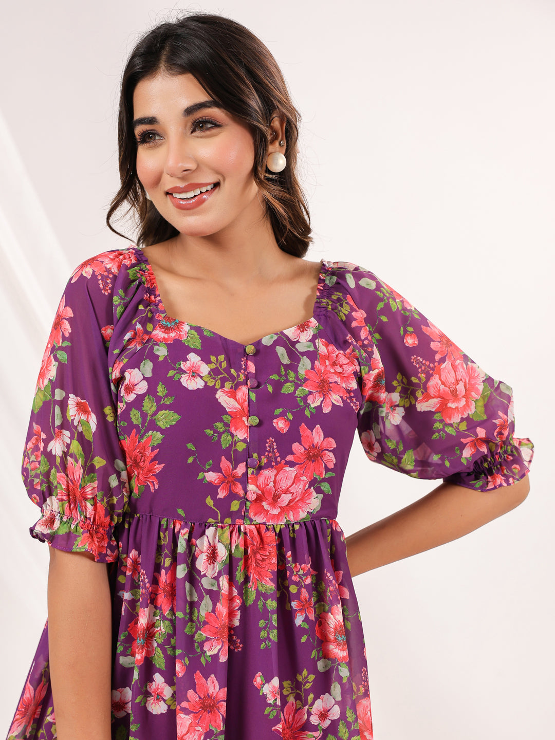 Ninnique Women's Purple Georgette Floral Printed Tiered Dress