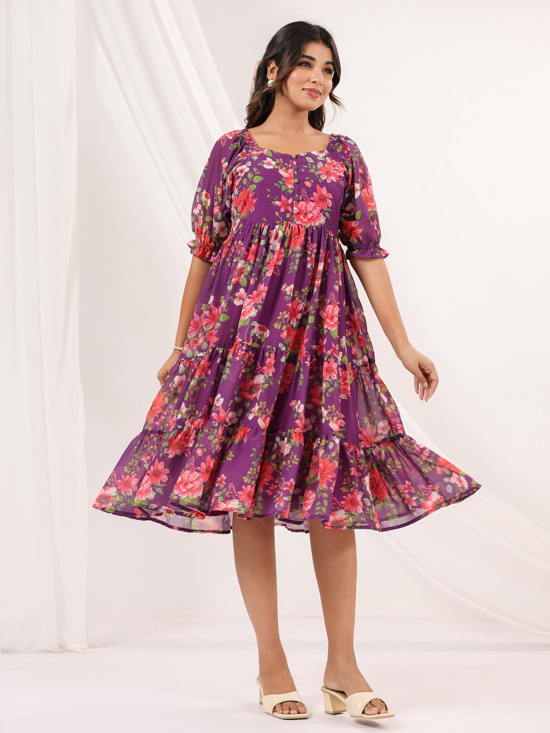 Ninnique Women's Purple Georgette Floral Printed Tiered Dress