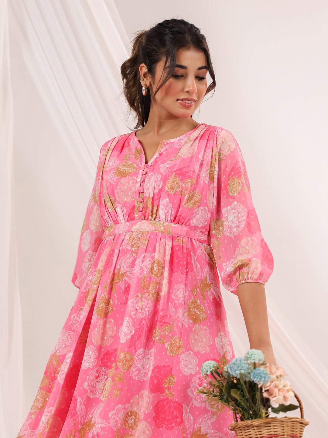 Ninnique Women's Pink Georgette Floral Printed A-line Dress