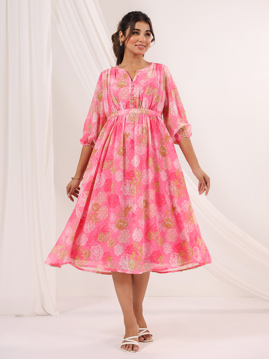 Ninnique Women's Pink Georgette Floral Printed A-line Dress