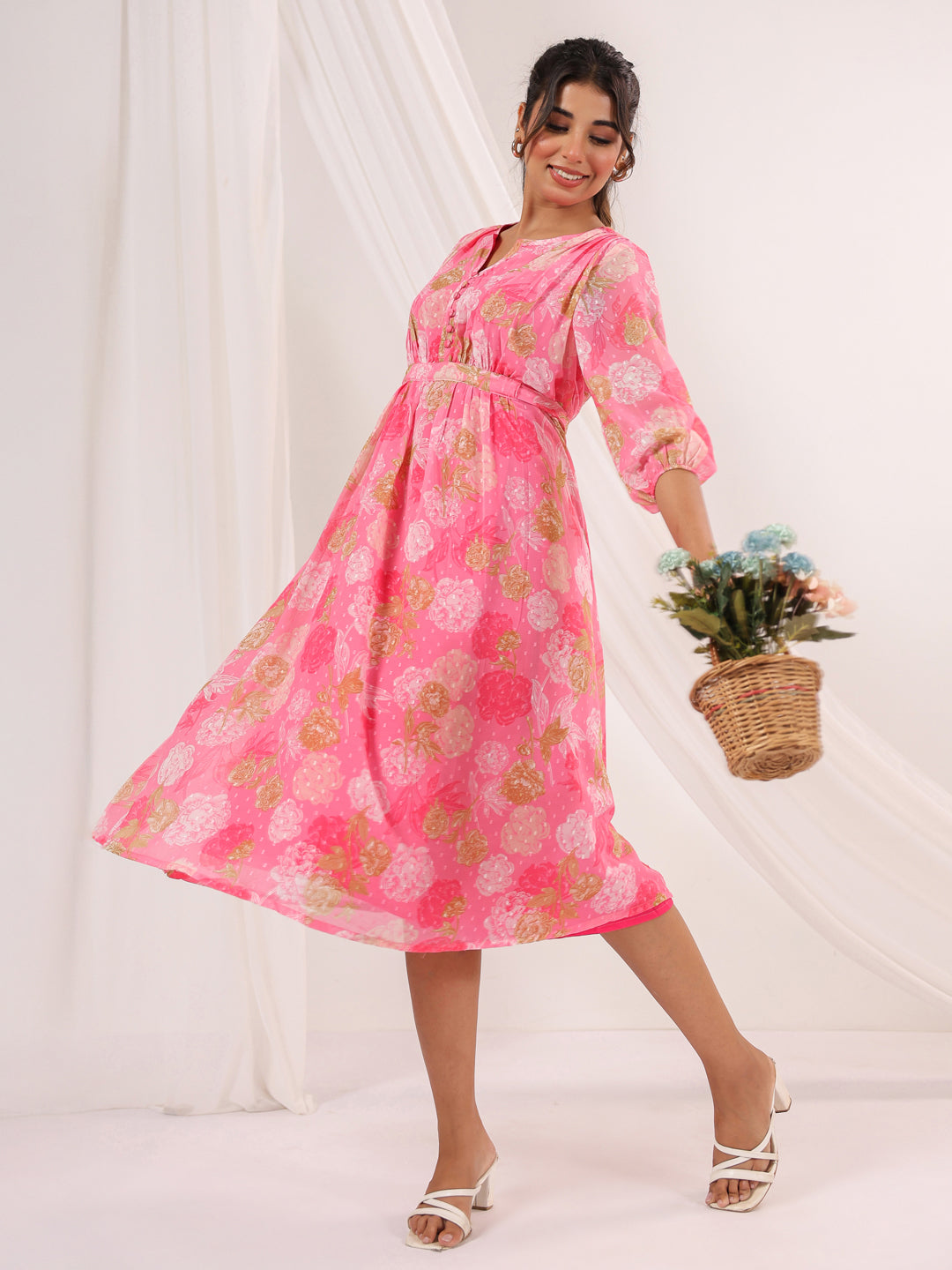Ninnique Women's Pink Georgette Floral Printed A-line Dress