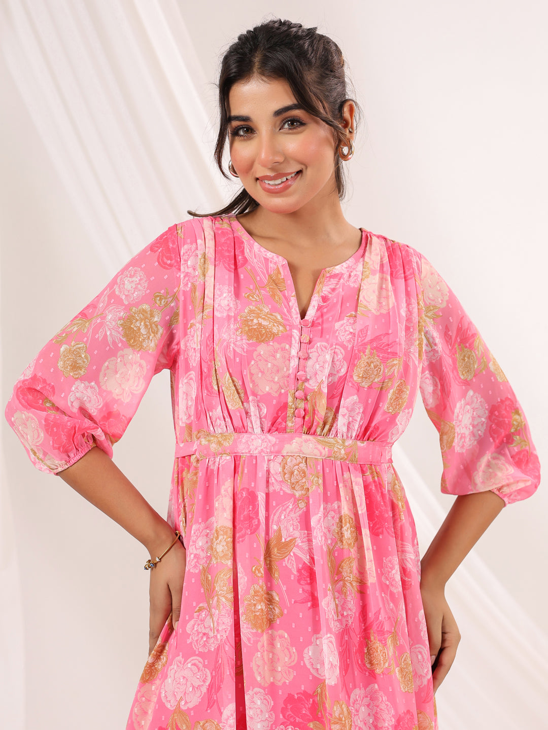 Ninnique Women's Pink Georgette Floral Printed A-line Dress