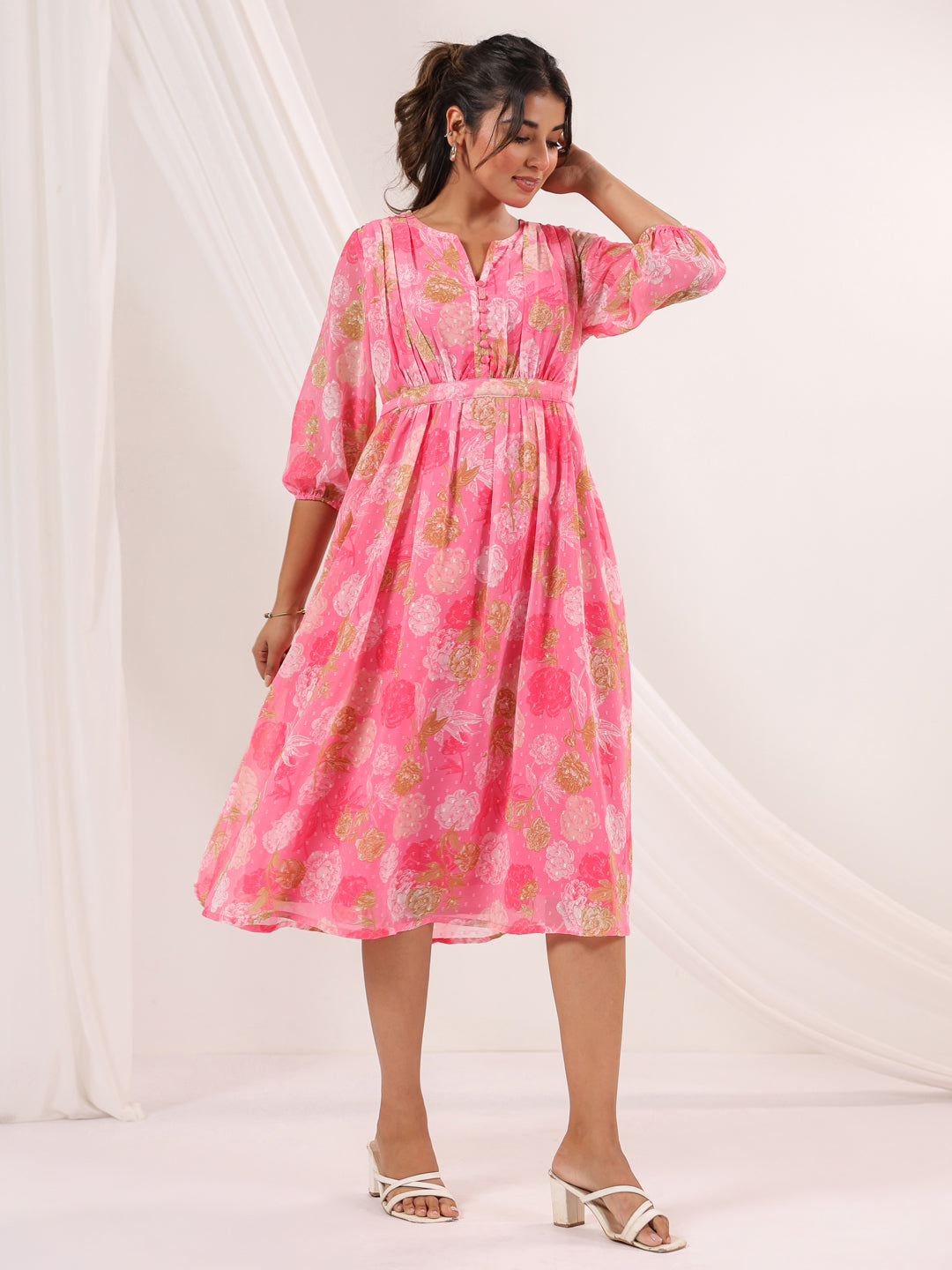 Ninnique Women's Pink Georgette Floral Printed A-line Dress