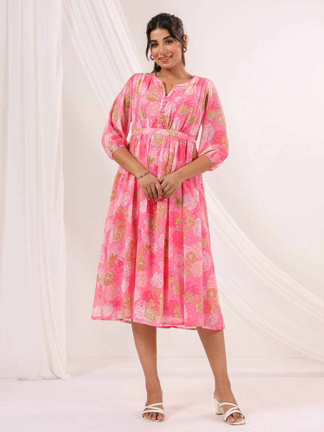 Ninnique Women's Pink Georgette Floral Printed A-line Dress