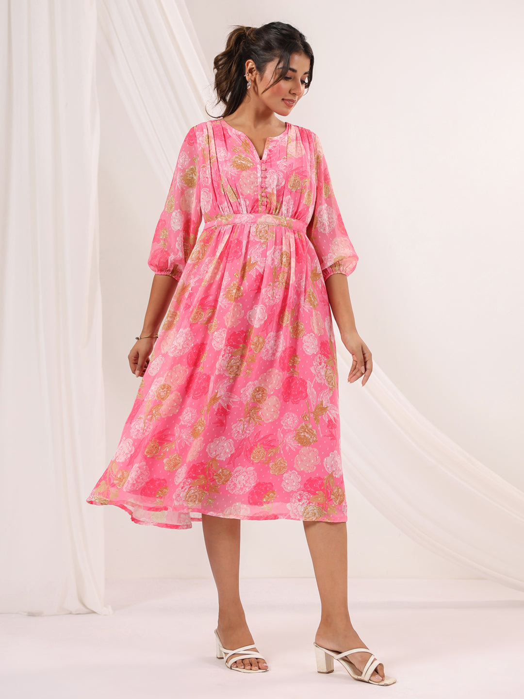 Ninnique Women's Pink Georgette Floral Printed A-line Dress