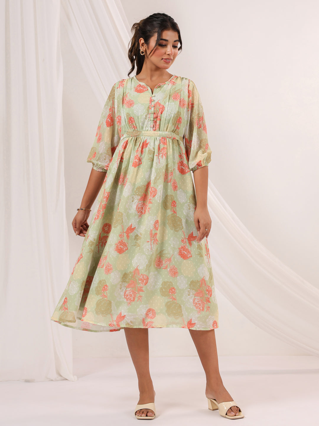Ninnique Women's Light Green Georgette Floral Printed A-line Dress