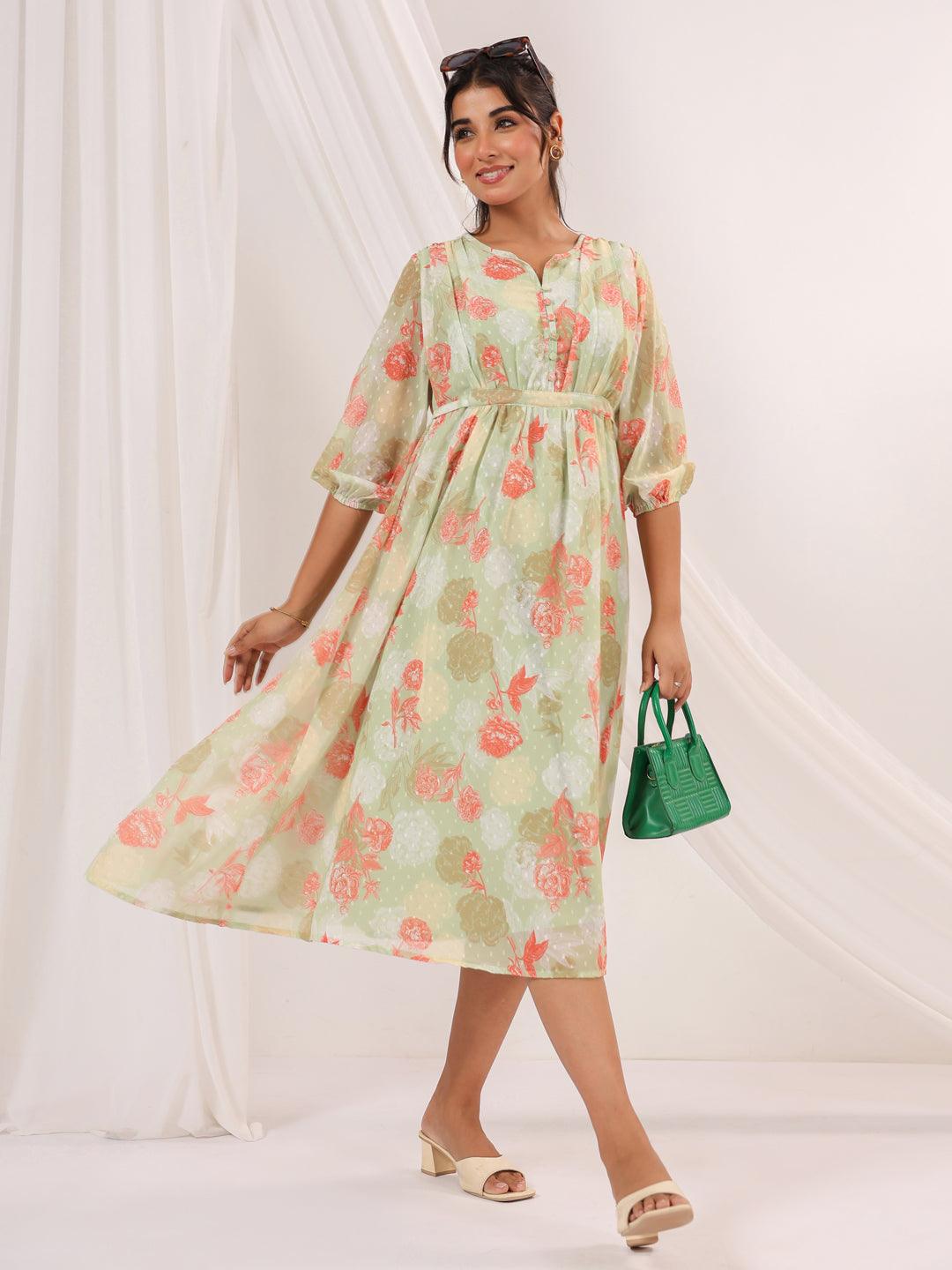 Ninnique Women's Light Green Georgette Floral Printed A-line Dress