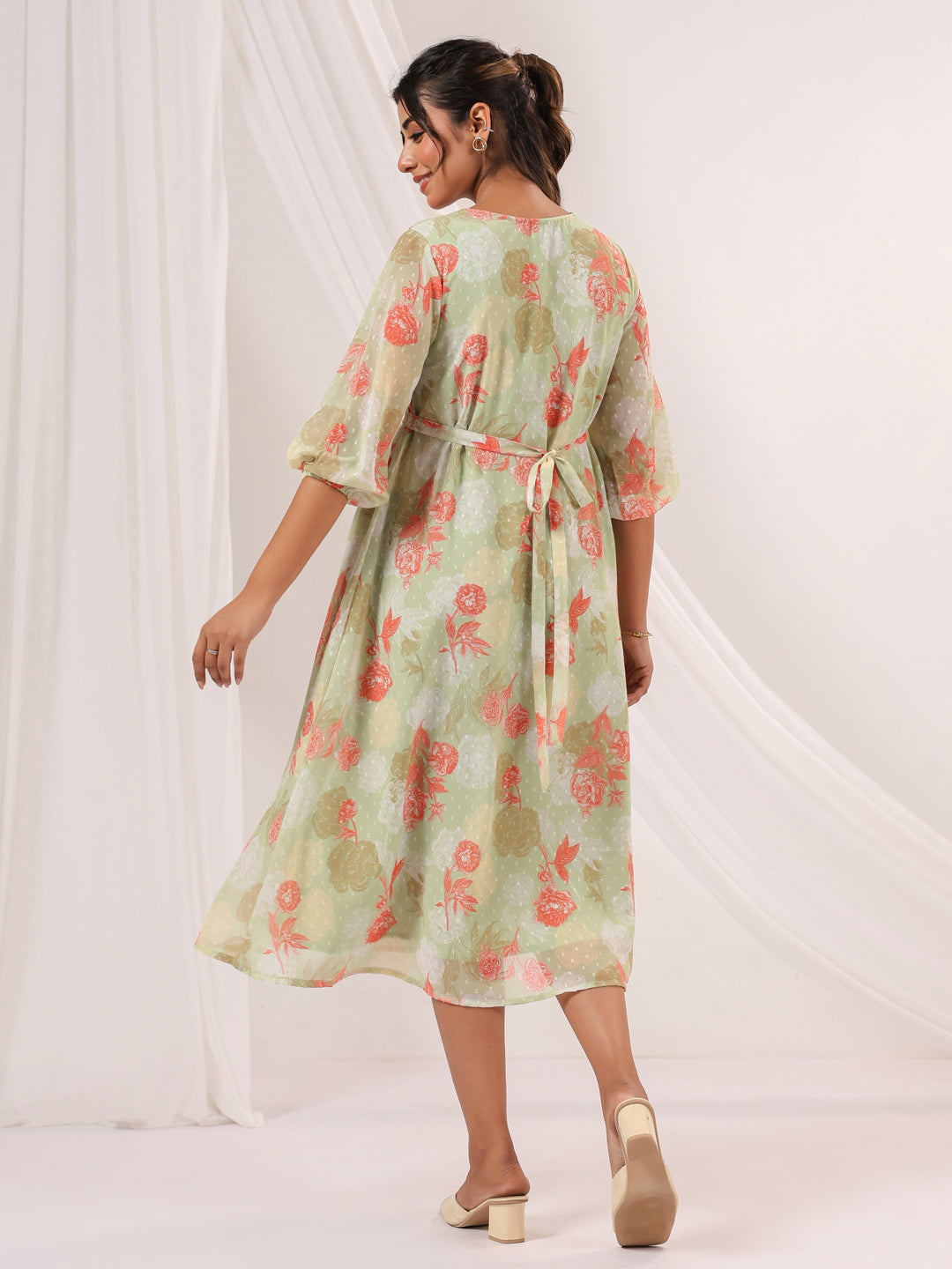 Ninnique Women's Light Green Georgette Floral Printed A-line Dress