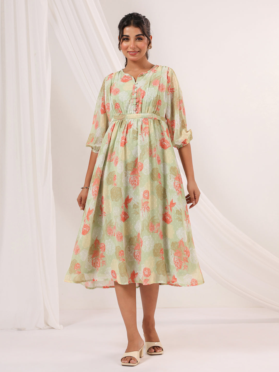 Ninnique Women's Light Green Georgette Floral Printed A-line Dress