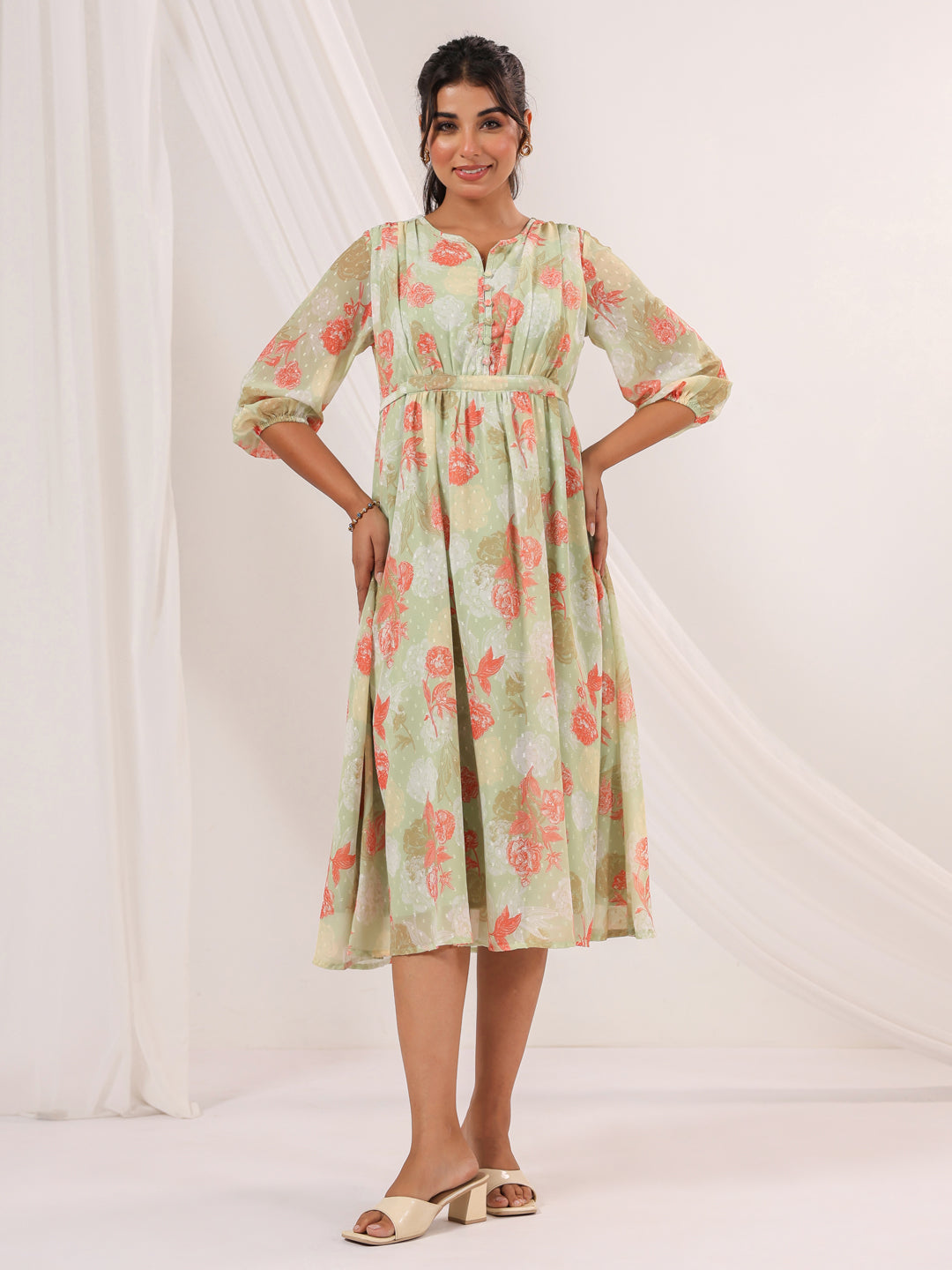 Ninnique Women's Light Green Georgette Floral Printed A-line Dress