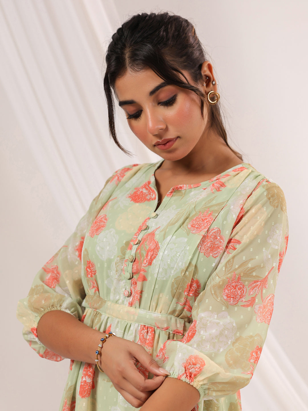 Ninnique Women's Light Green Georgette Floral Printed A-line Dress