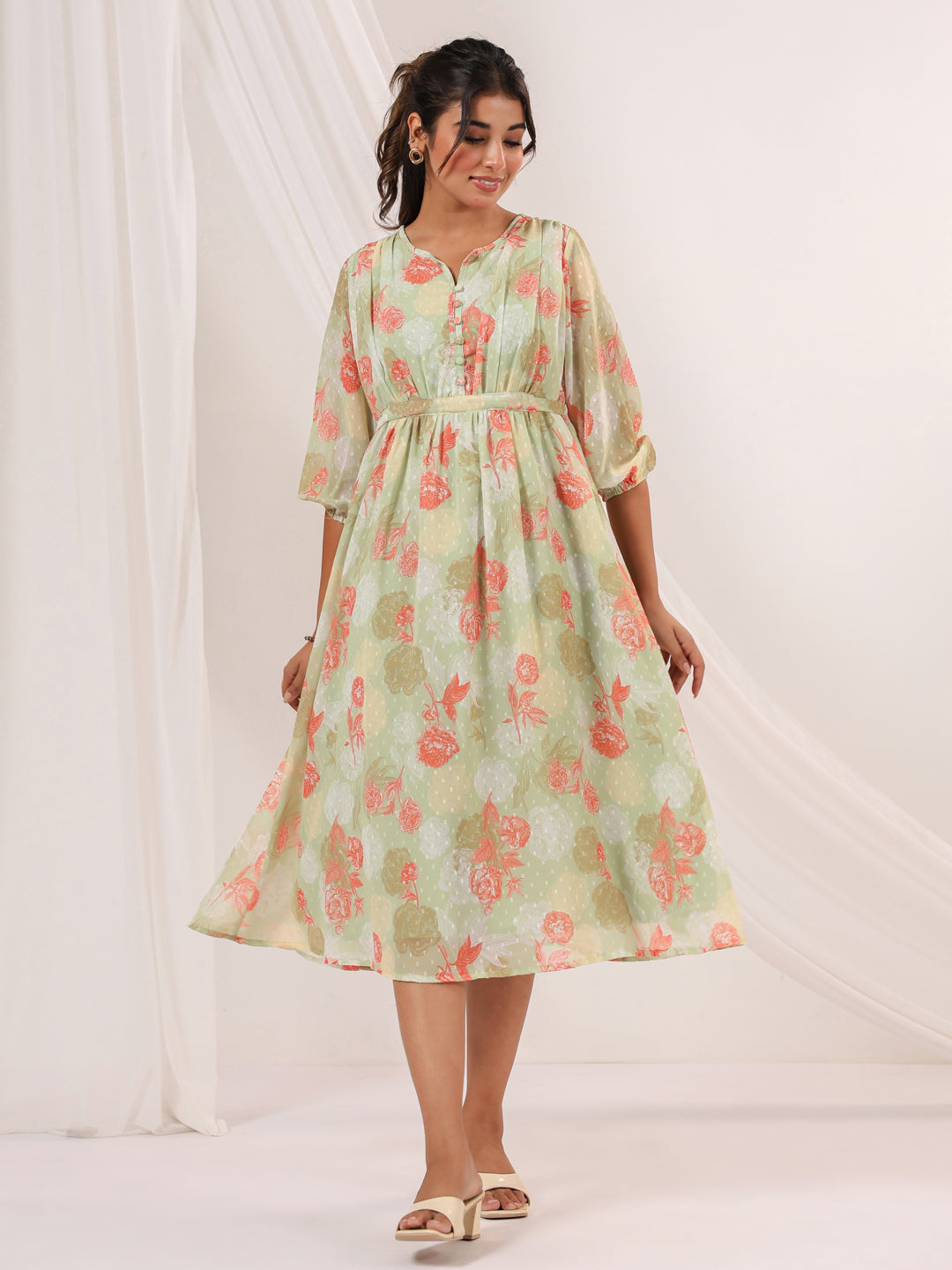 Ninnique Women's Light Green Georgette Floral Printed A-line Dress