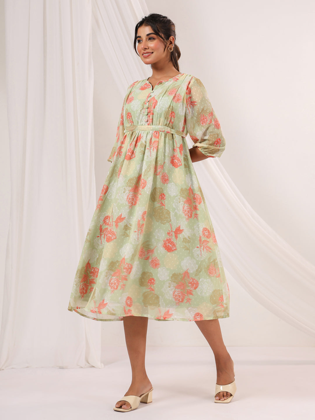 Ninnique Women's Light Green Georgette Floral Printed A-line Dress
