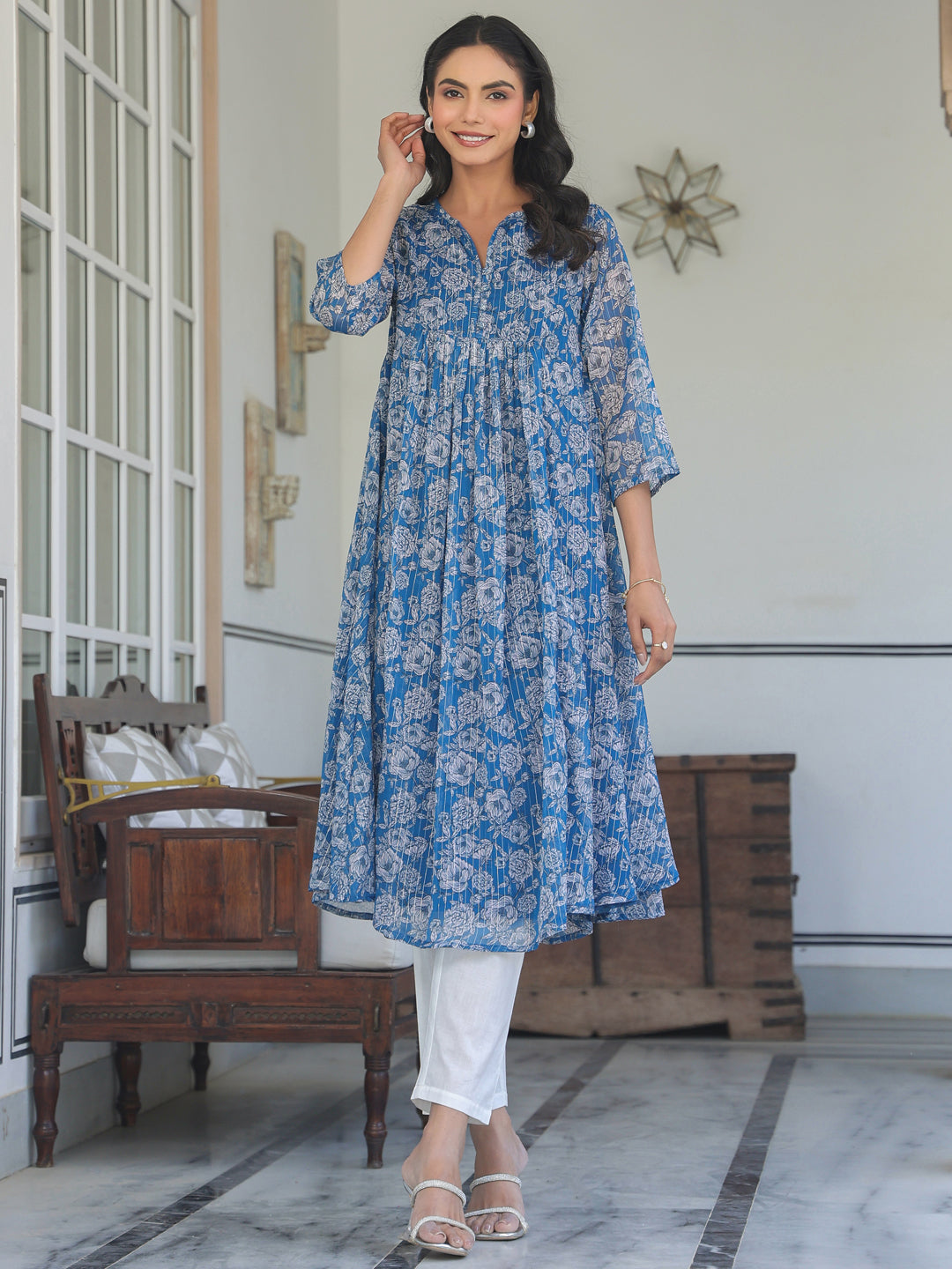 Ninnique Women's Blue Chiffon Lurex Floral Printed A-line Kurta