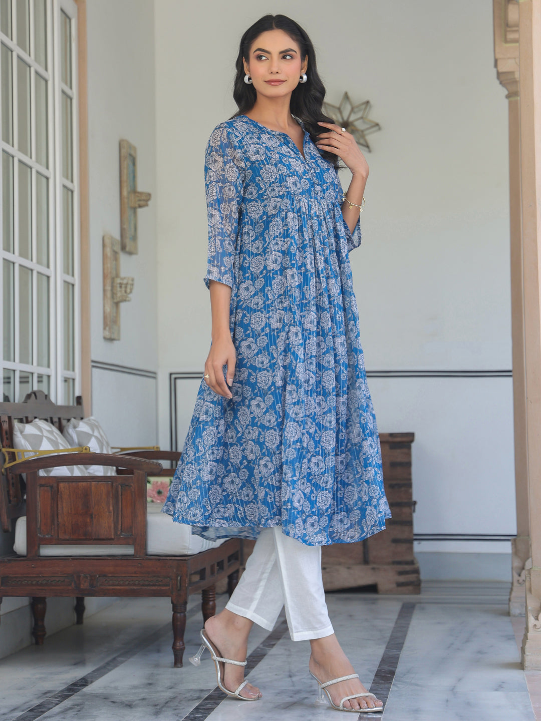 Ninnique Women's Blue Chiffon Lurex Floral Printed A-line Kurta