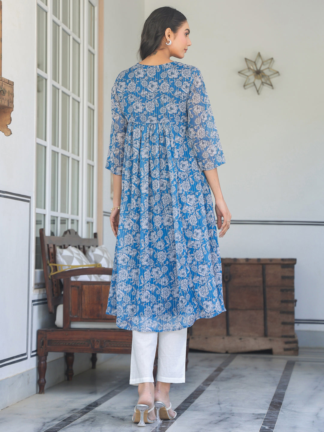 Ninnique Women's Blue Chiffon Lurex Floral Printed A-line Kurta