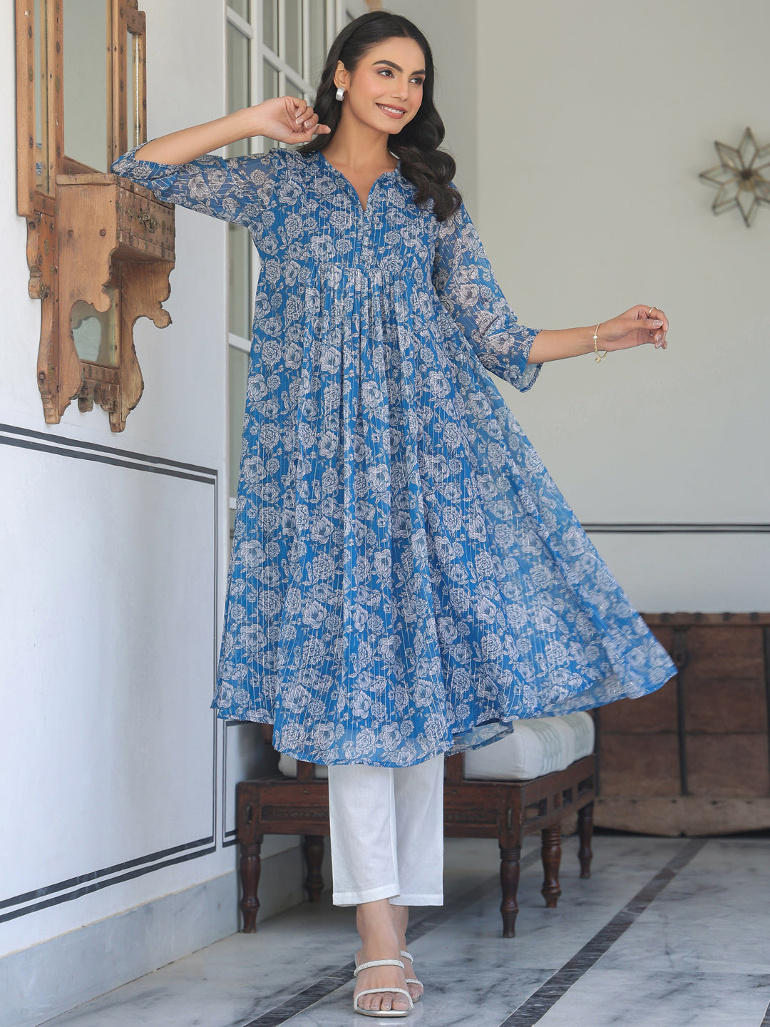 Ninnique Women's Blue Chiffon Lurex Floral Printed A-line Kurta