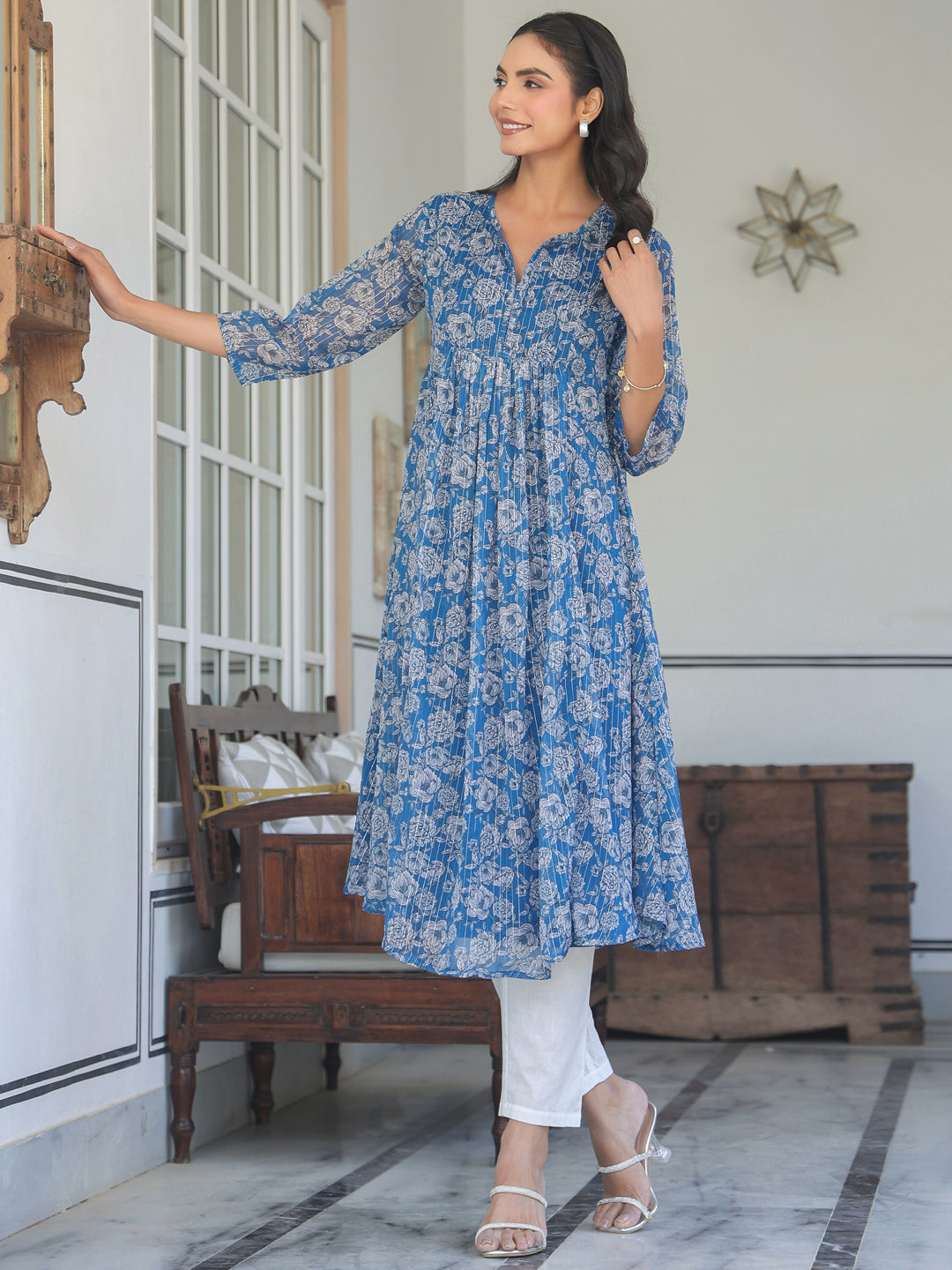 Ninnique Women's Blue Chiffon Lurex Floral Printed A-line Kurta