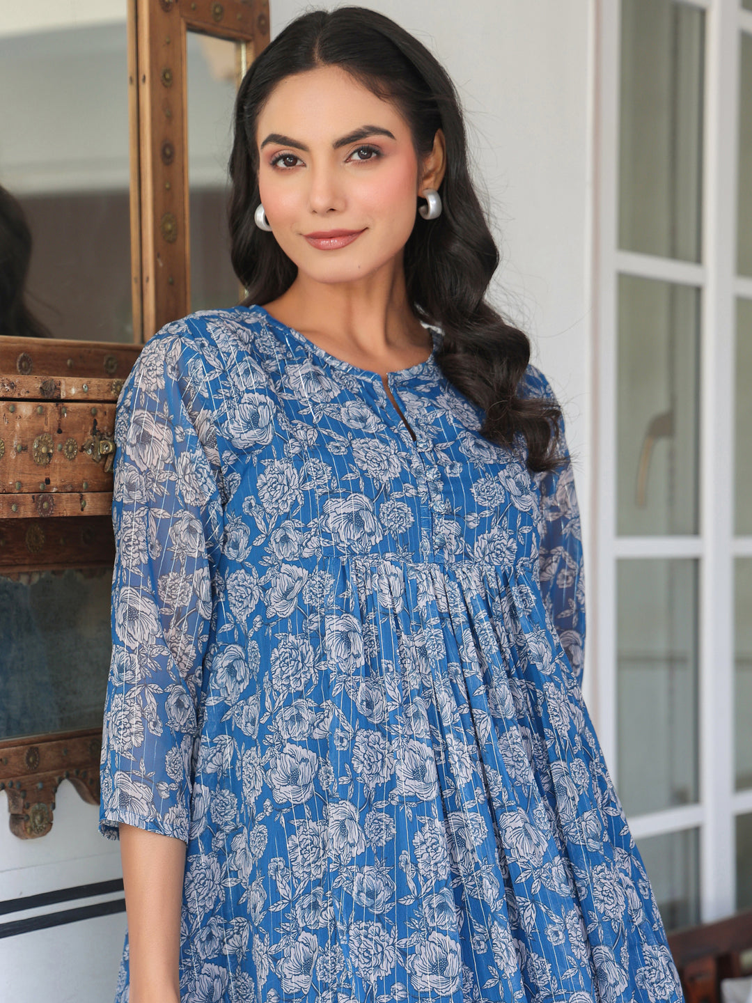 Ninnique Women's Blue Chiffon Lurex Floral Printed A-line Kurta