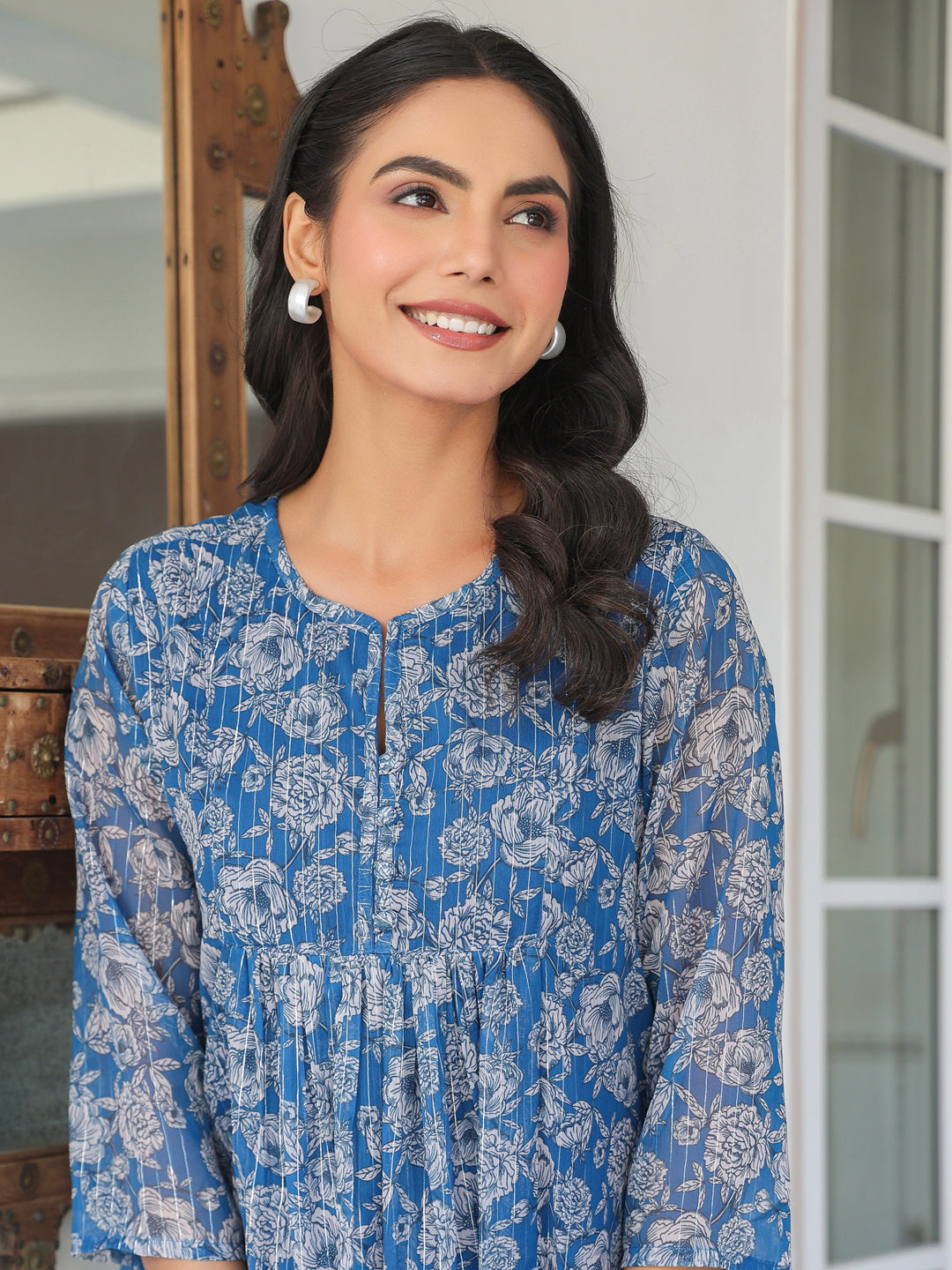 Ninnique Women's Blue Chiffon Lurex Floral Printed A-line Kurta