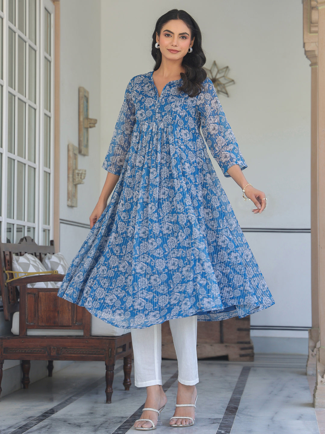 Ninnique Women's Blue Chiffon Lurex Floral Printed A-line Kurta