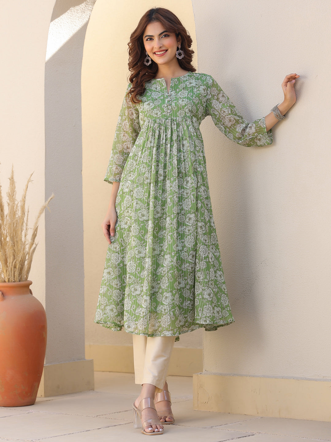 Ninnique Women's Green Chiffon Lurex Floral Printed A-line Kurta