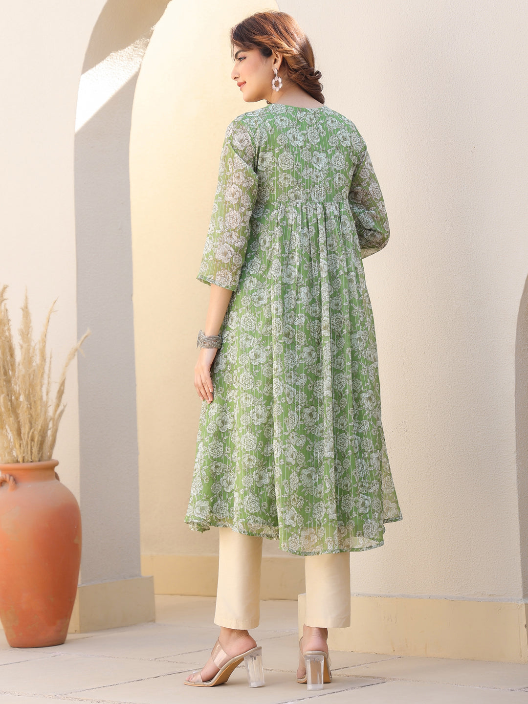 Ninnique Women's Green Chiffon Lurex Floral Printed A-line Kurta