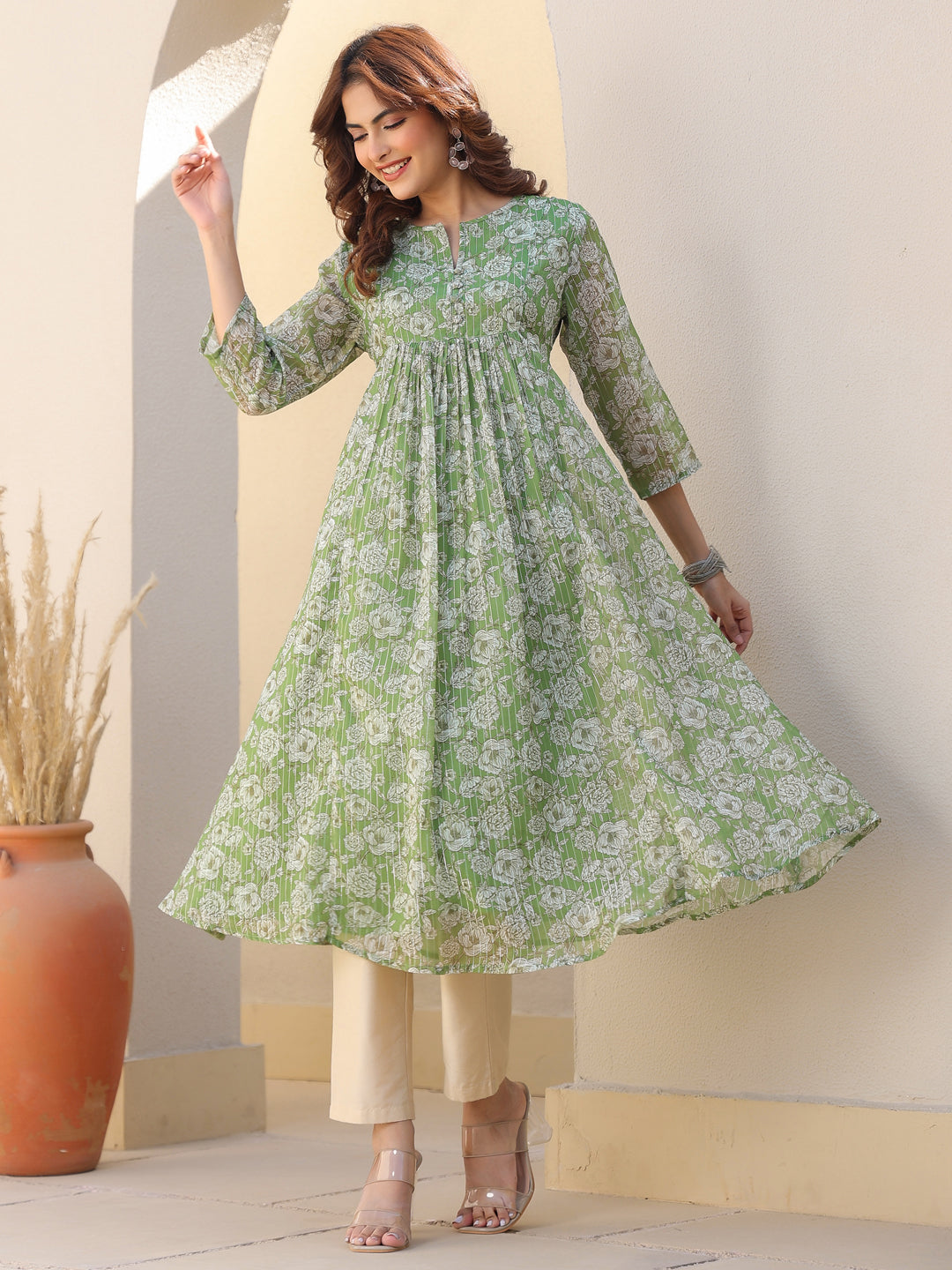 Ninnique Women's Green Chiffon Lurex Floral Printed A-line Kurta