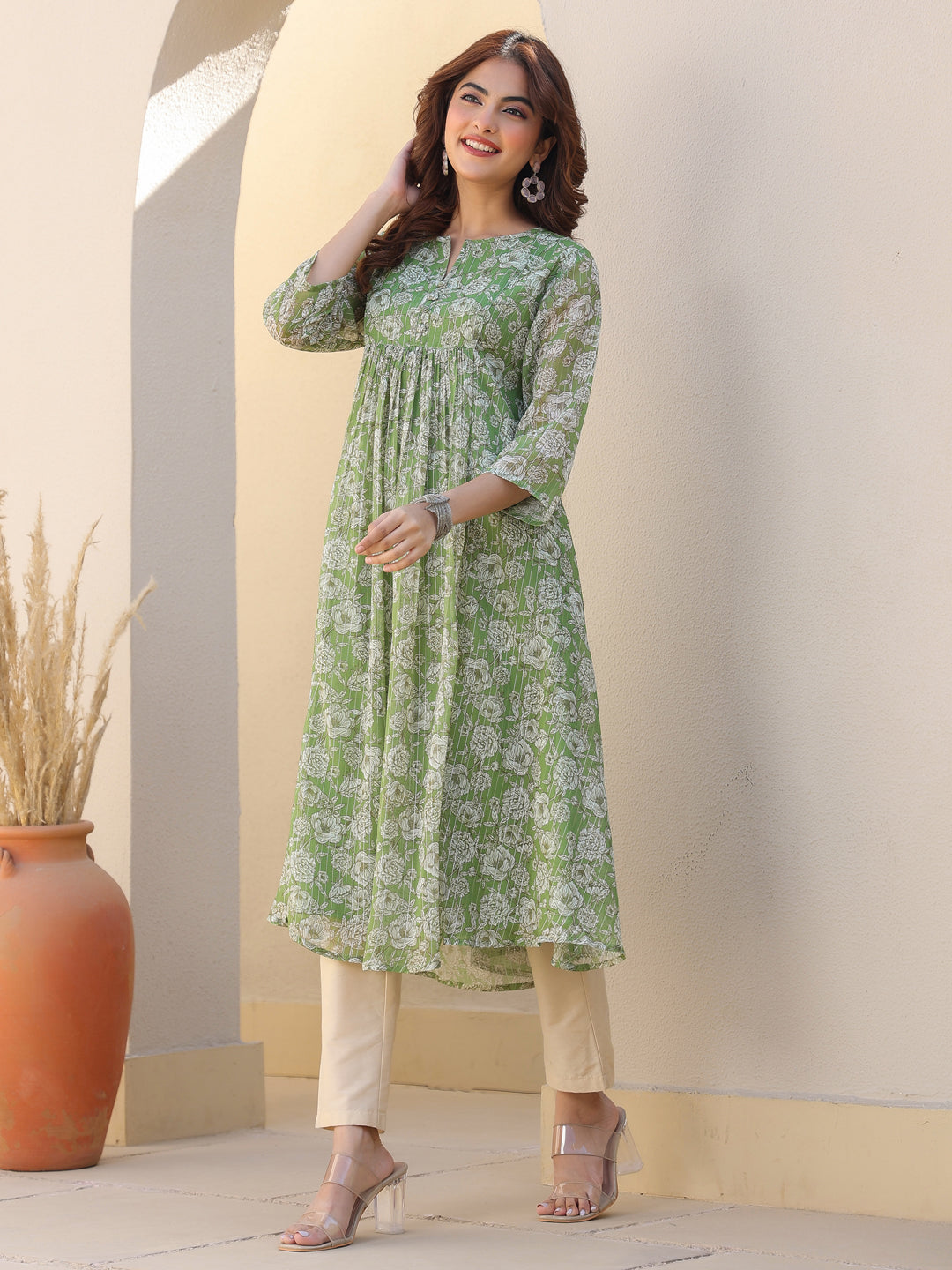 Ninnique Women's Green Chiffon Lurex Floral Printed A-line Kurta