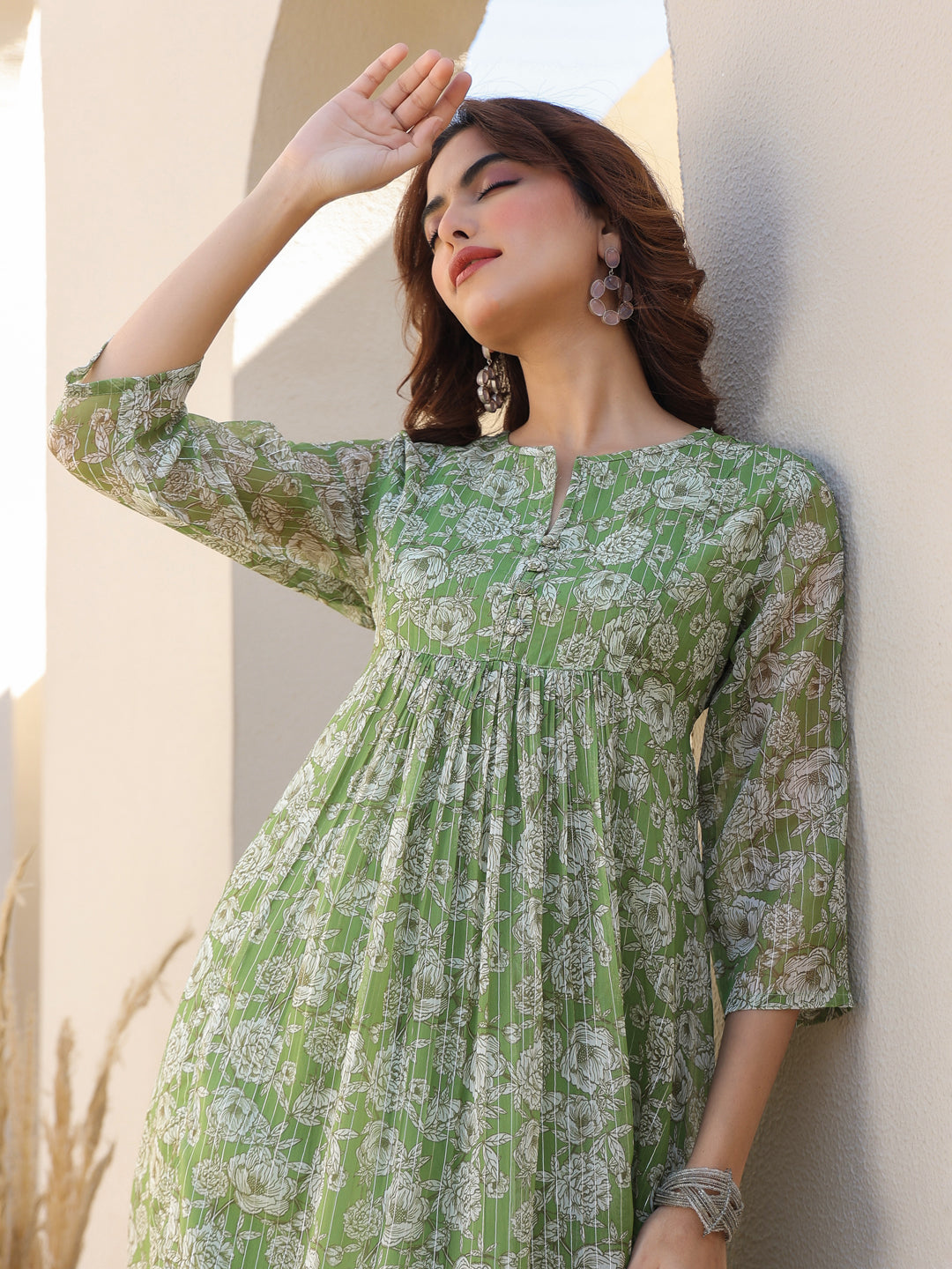 Ninnique Women's Green Chiffon Lurex Floral Printed A-line Kurta