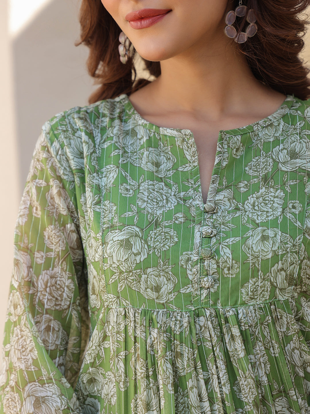 Ninnique Women's Green Chiffon Lurex Floral Printed A-line Kurta