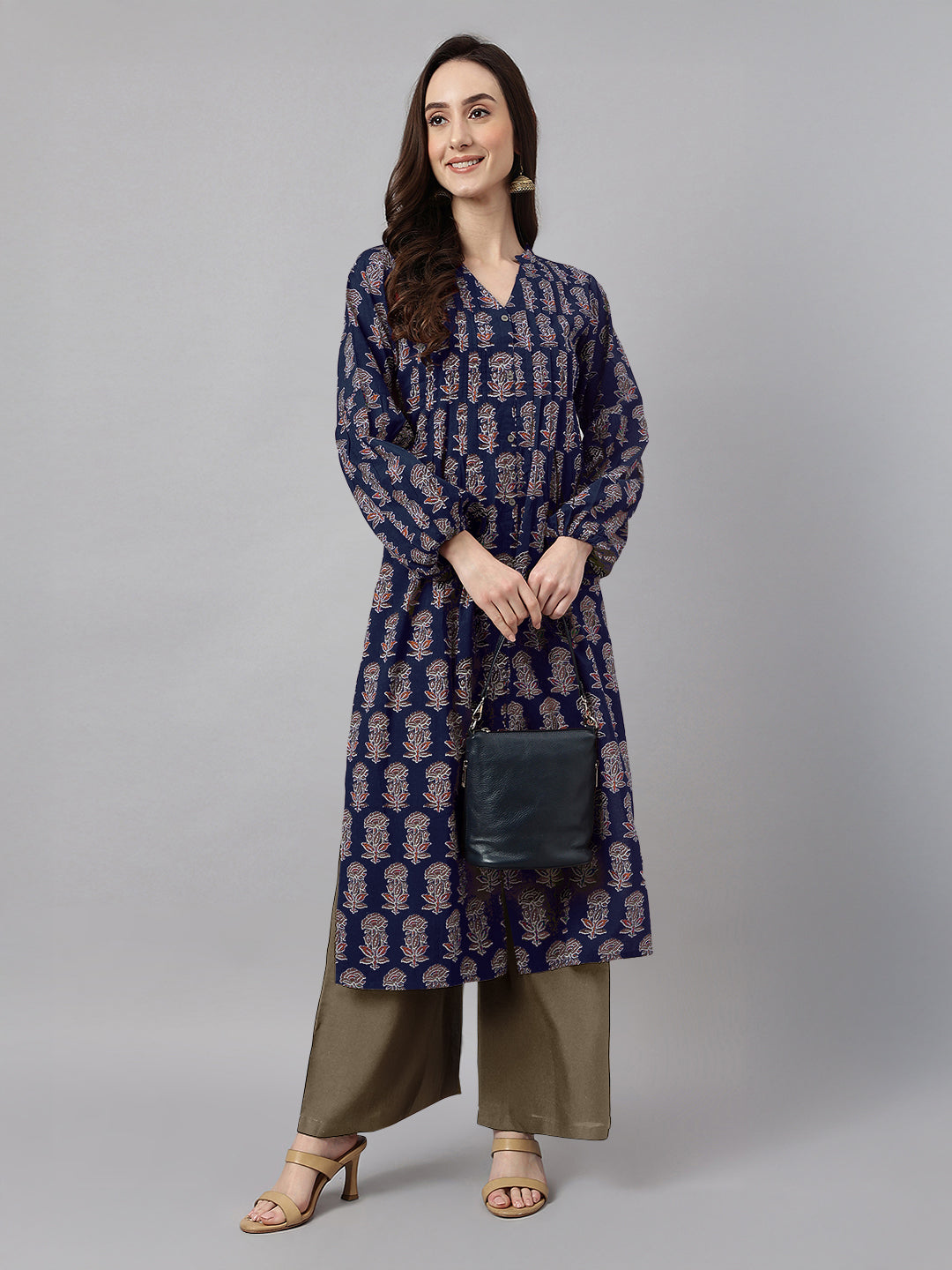 Ninnique Women's Navy Blue Pure Cotton Floral Printed A-line Kurta