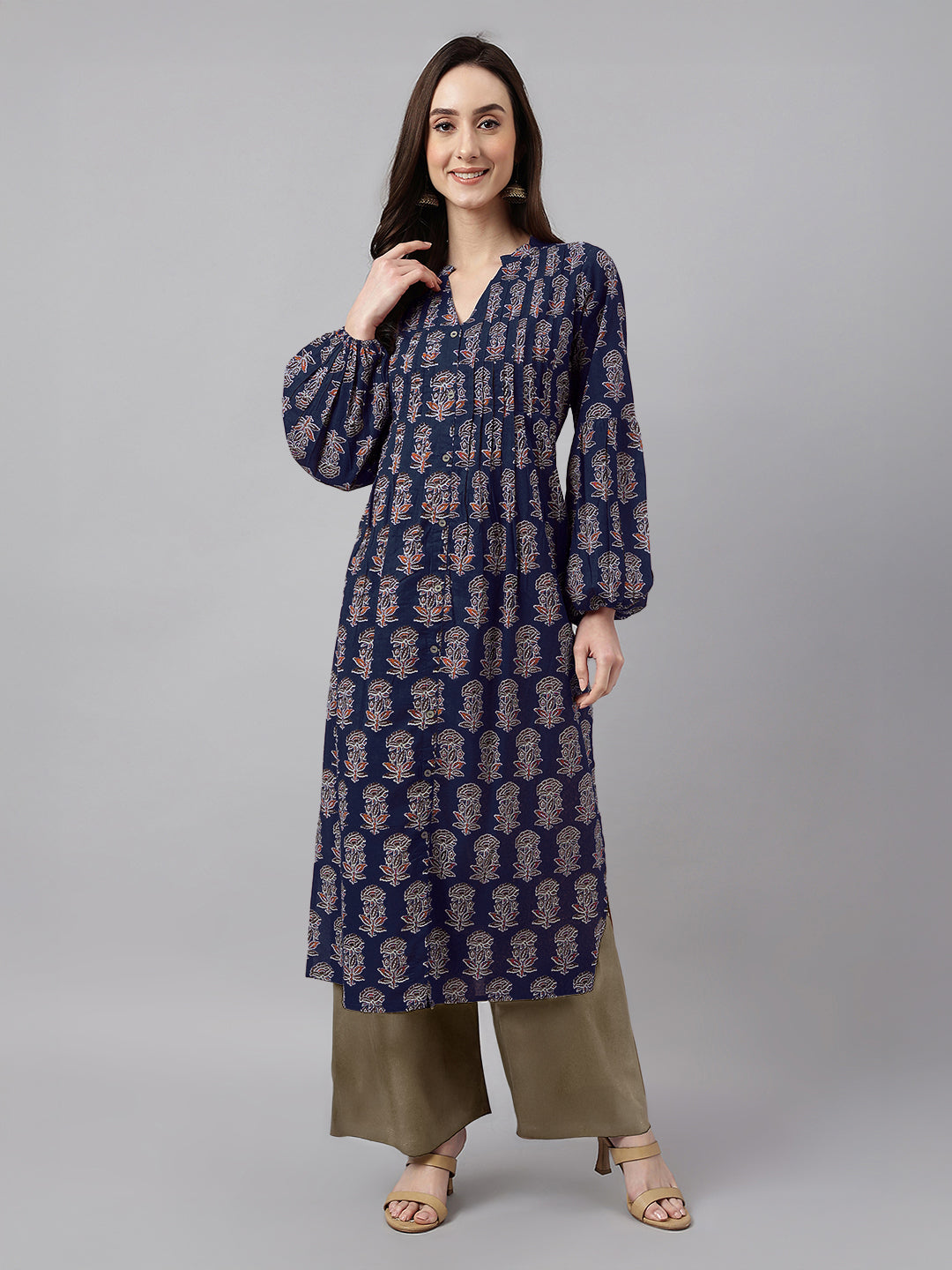 Ninnique Women's Navy Blue Pure Cotton Floral Printed A-line Kurta