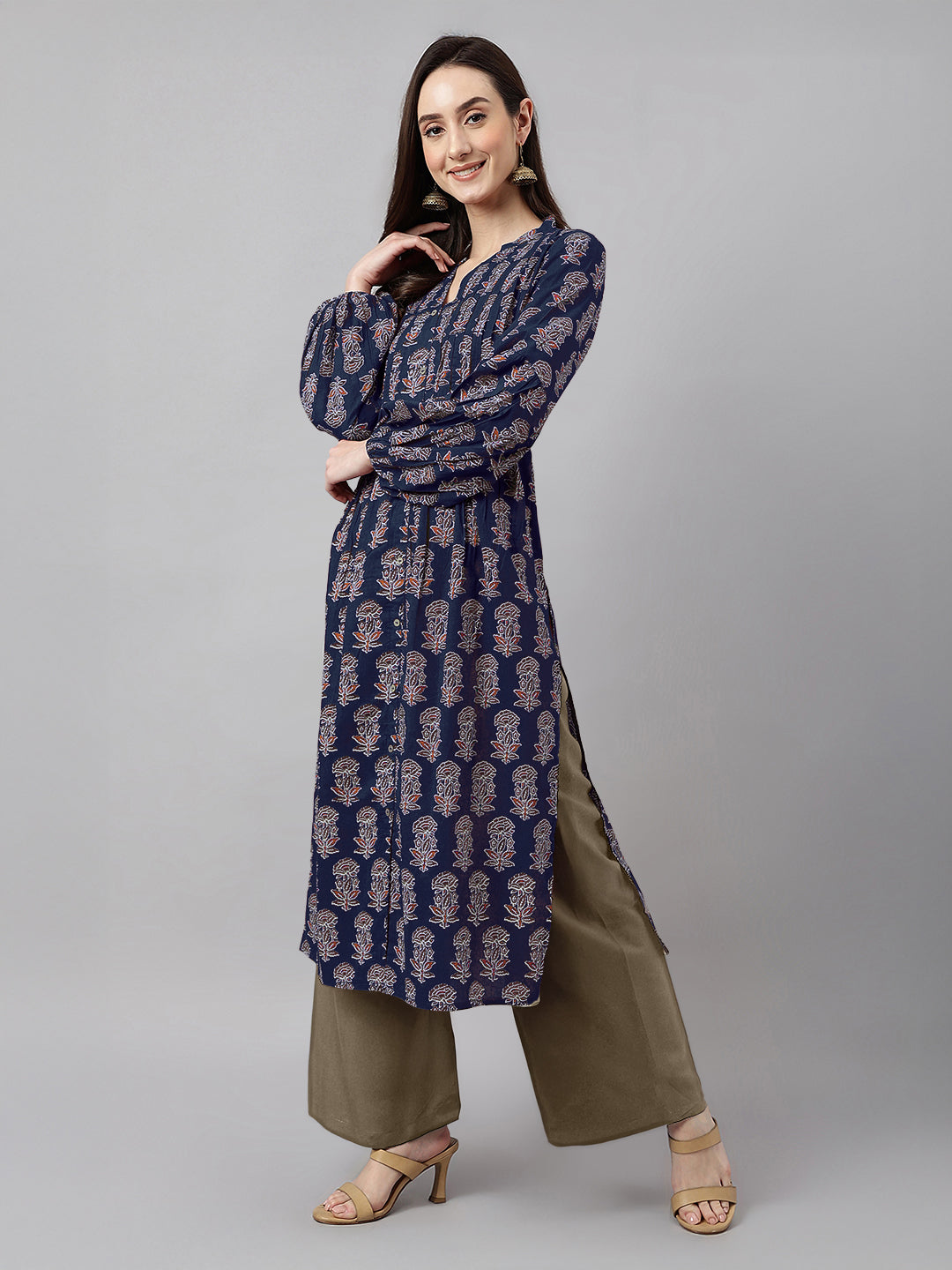 Ninnique Women's Navy Blue Pure Cotton Floral Printed A-line Kurta