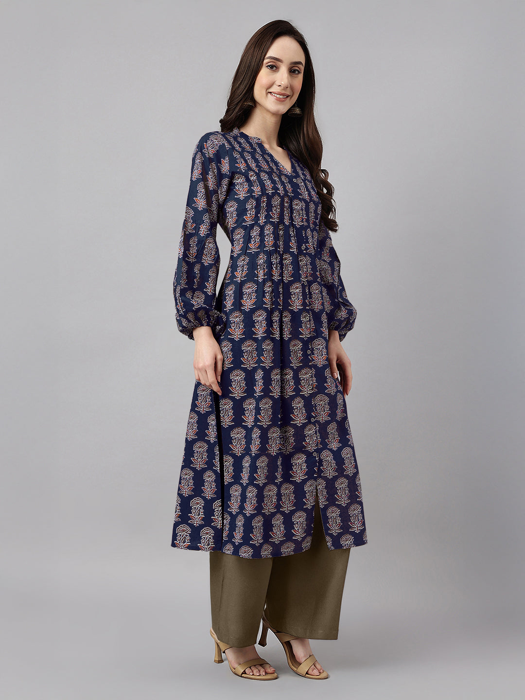 Ninnique Women's Navy Blue Pure Cotton Floral Printed A-line Kurta