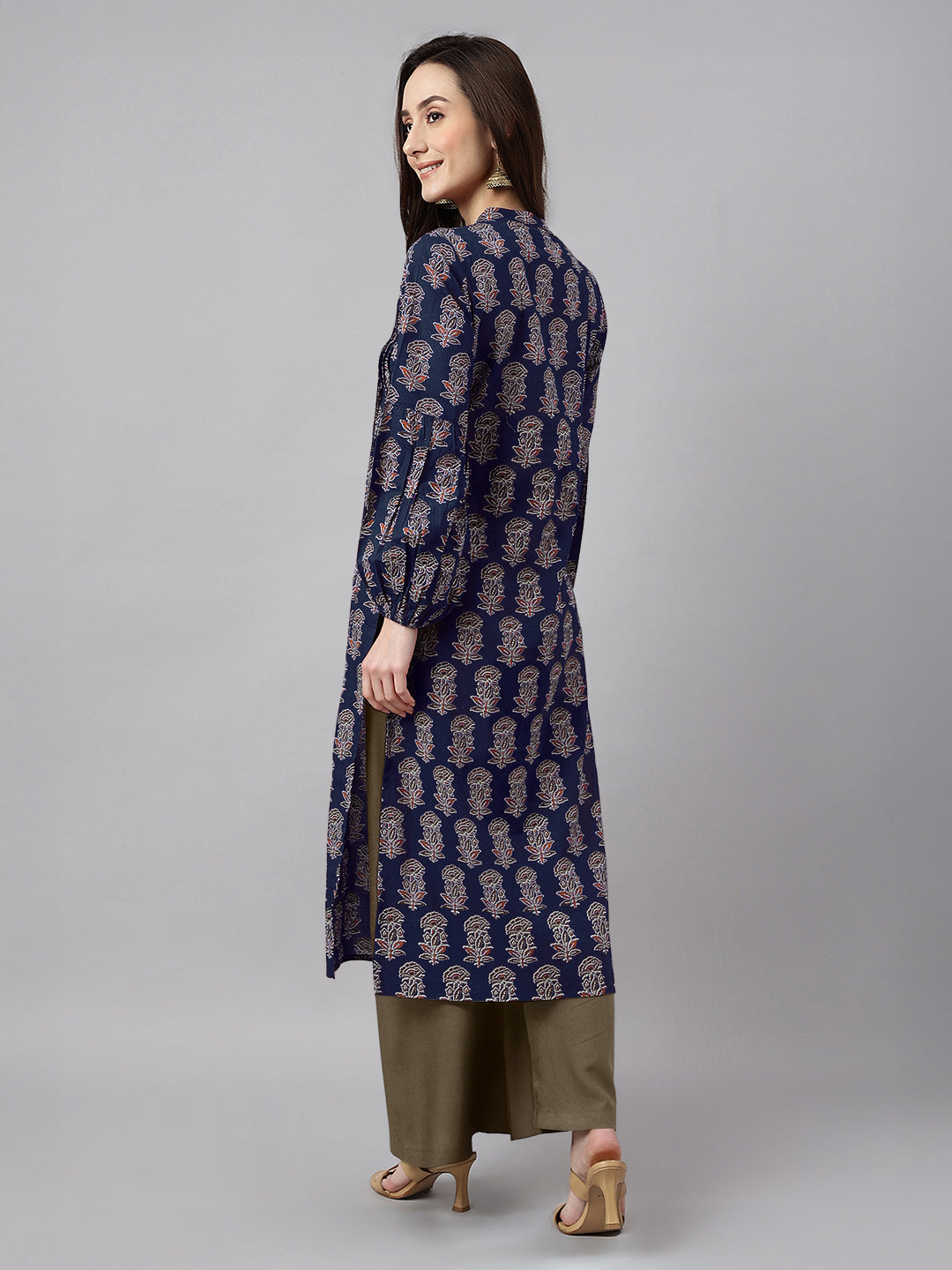 Ninnique Women's Navy Blue Pure Cotton Floral Printed A-line Kurta