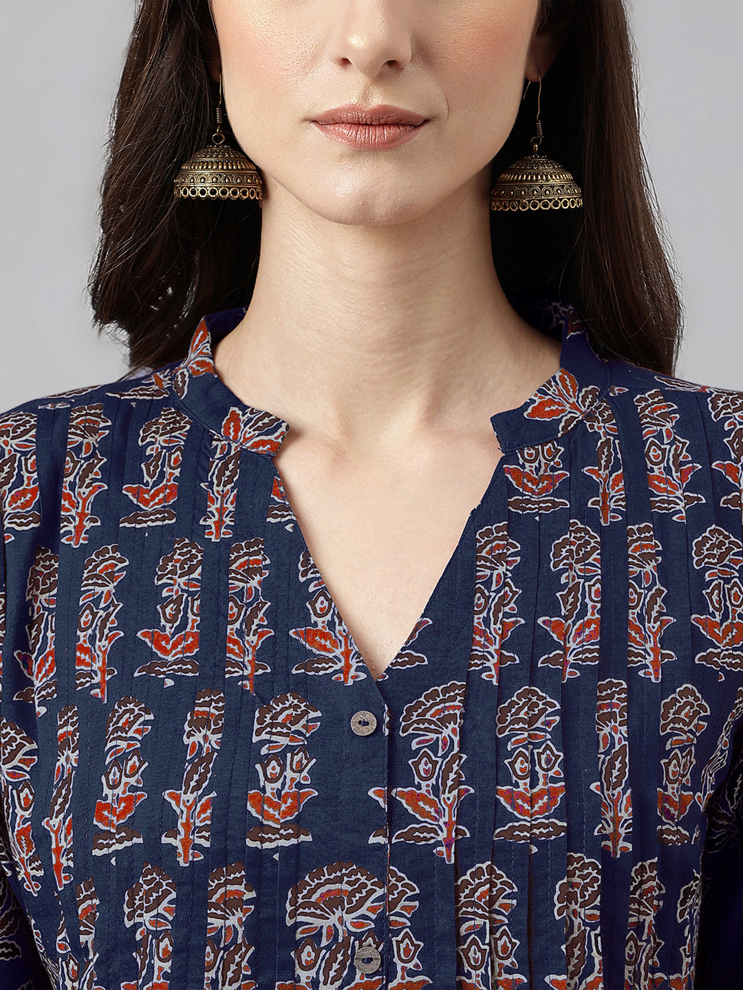 Ninnique Women's Navy Blue Pure Cotton Floral Printed A-line Kurta