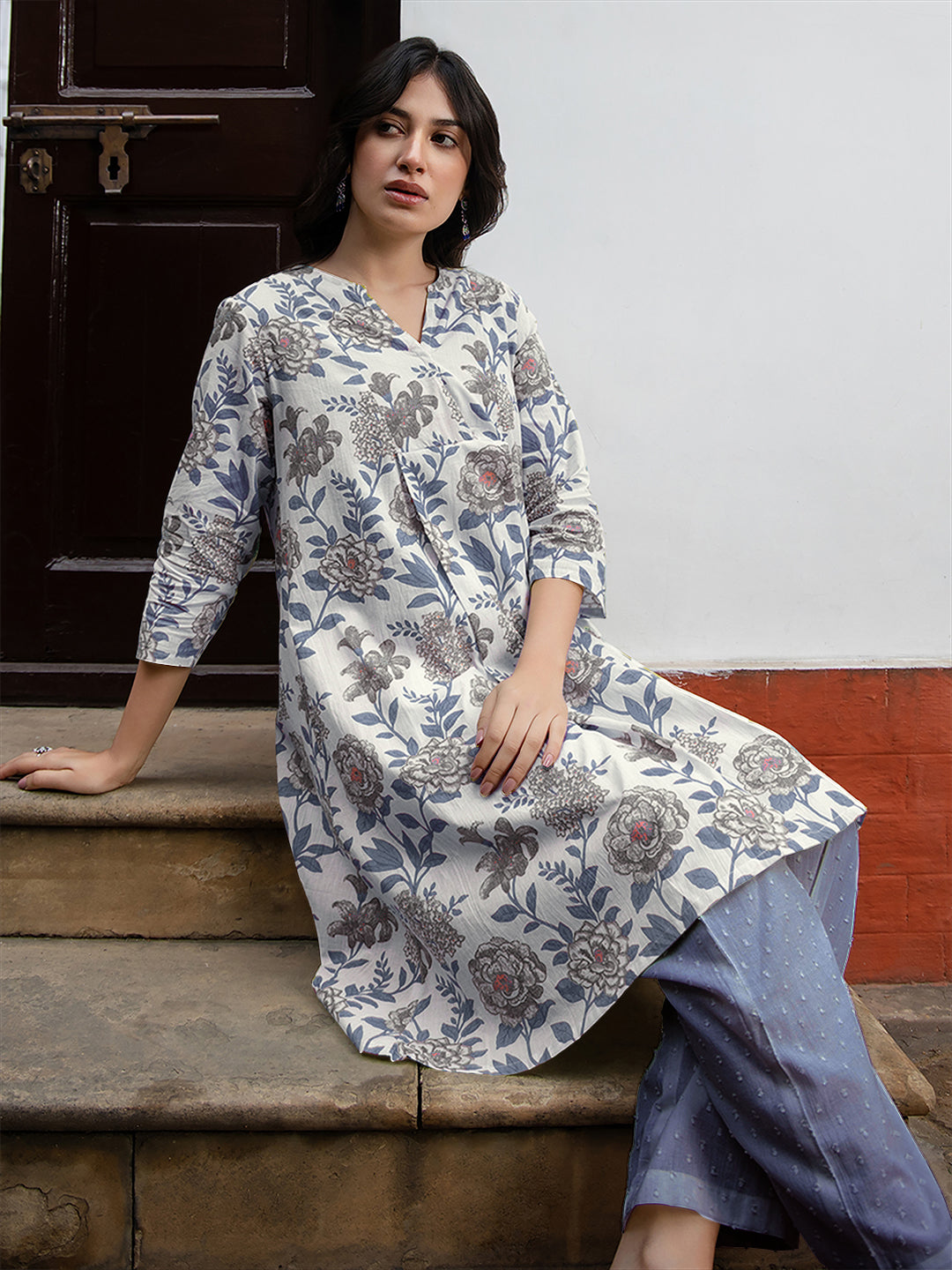 White Pure Cotton Floral Printed Tunic