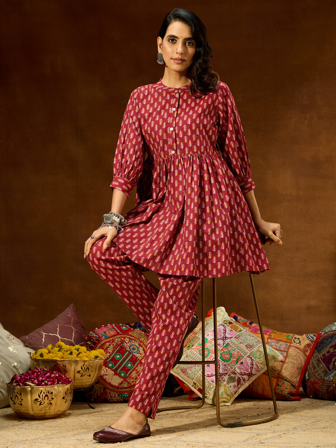 Ninnique Women's Maroon Pure Cotton Ethnic Motifs Printed Peplum Co-ord Set
