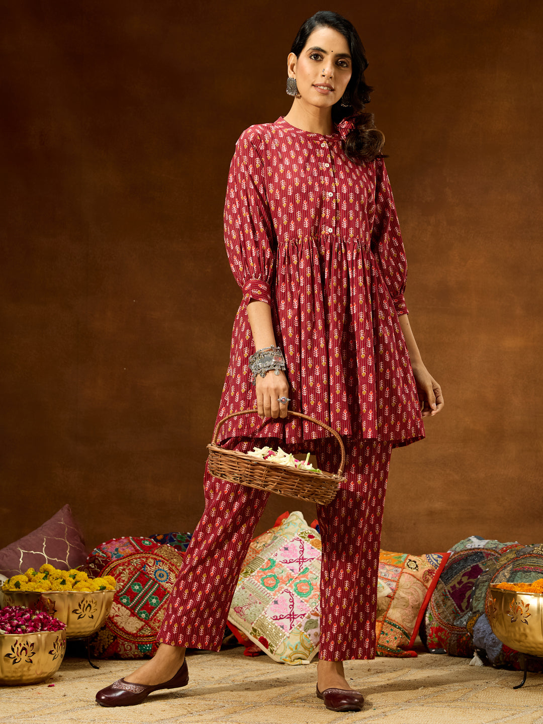 Ninnique Women's Maroon Pure Cotton Ethnic Motifs Printed Peplum Co-ord Set