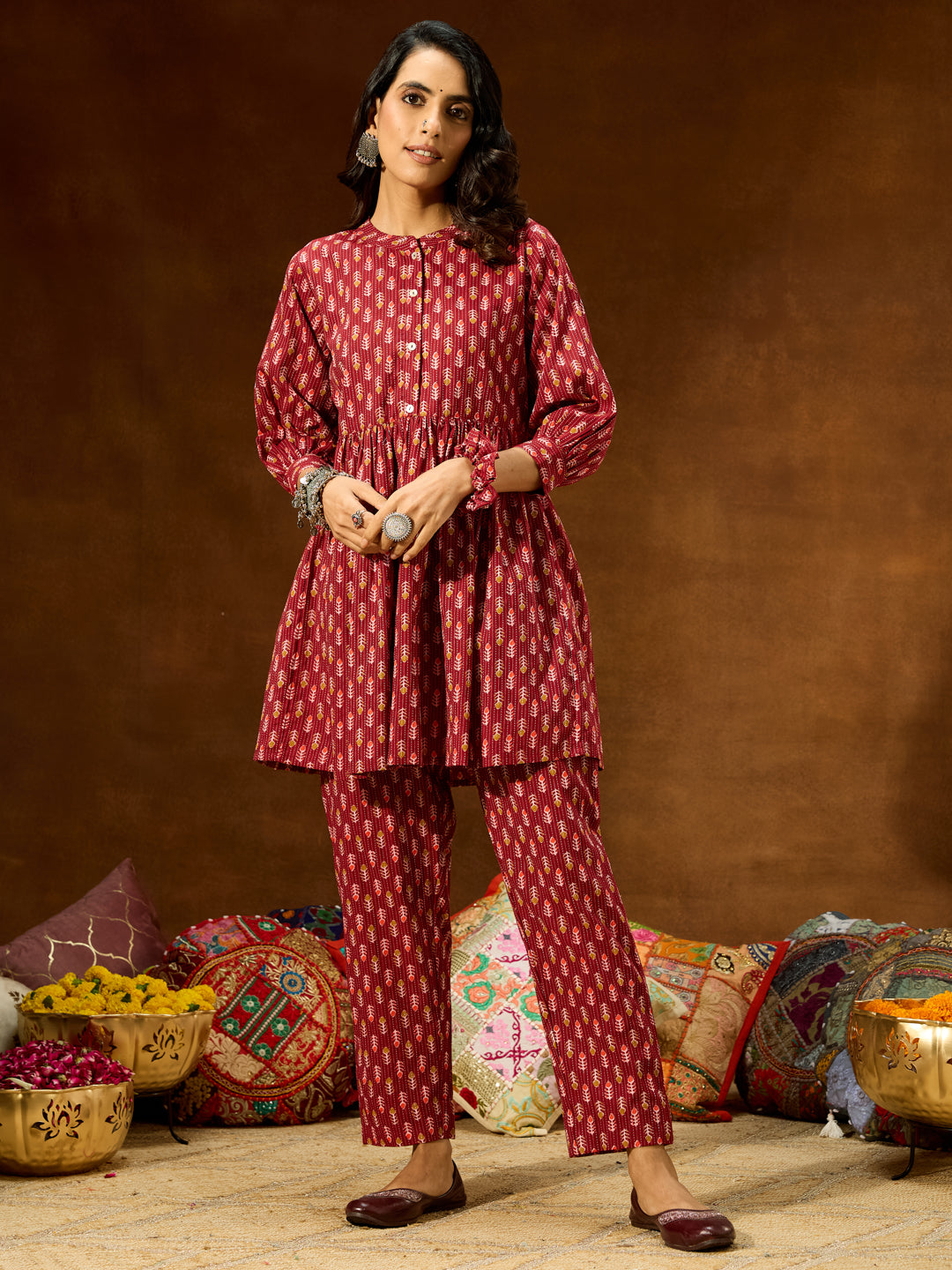 Ninnique Women's Maroon Pure Cotton Ethnic Motifs Printed Peplum Co-ord Set