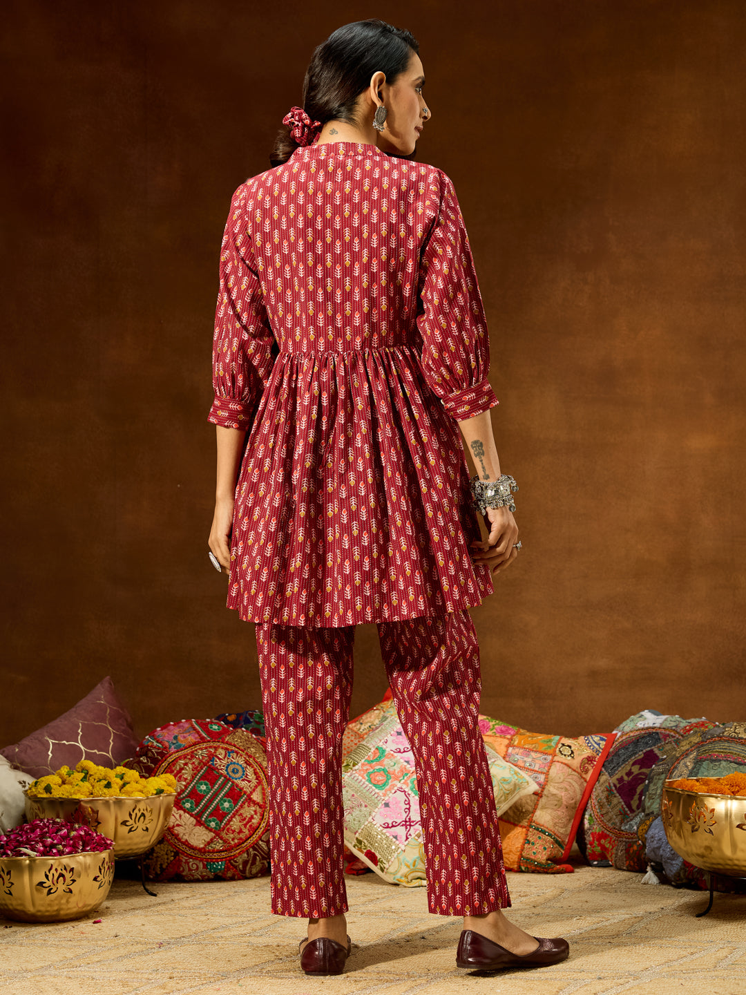 Ninnique Women's Maroon Pure Cotton Ethnic Motifs Printed Peplum Co-ord Set