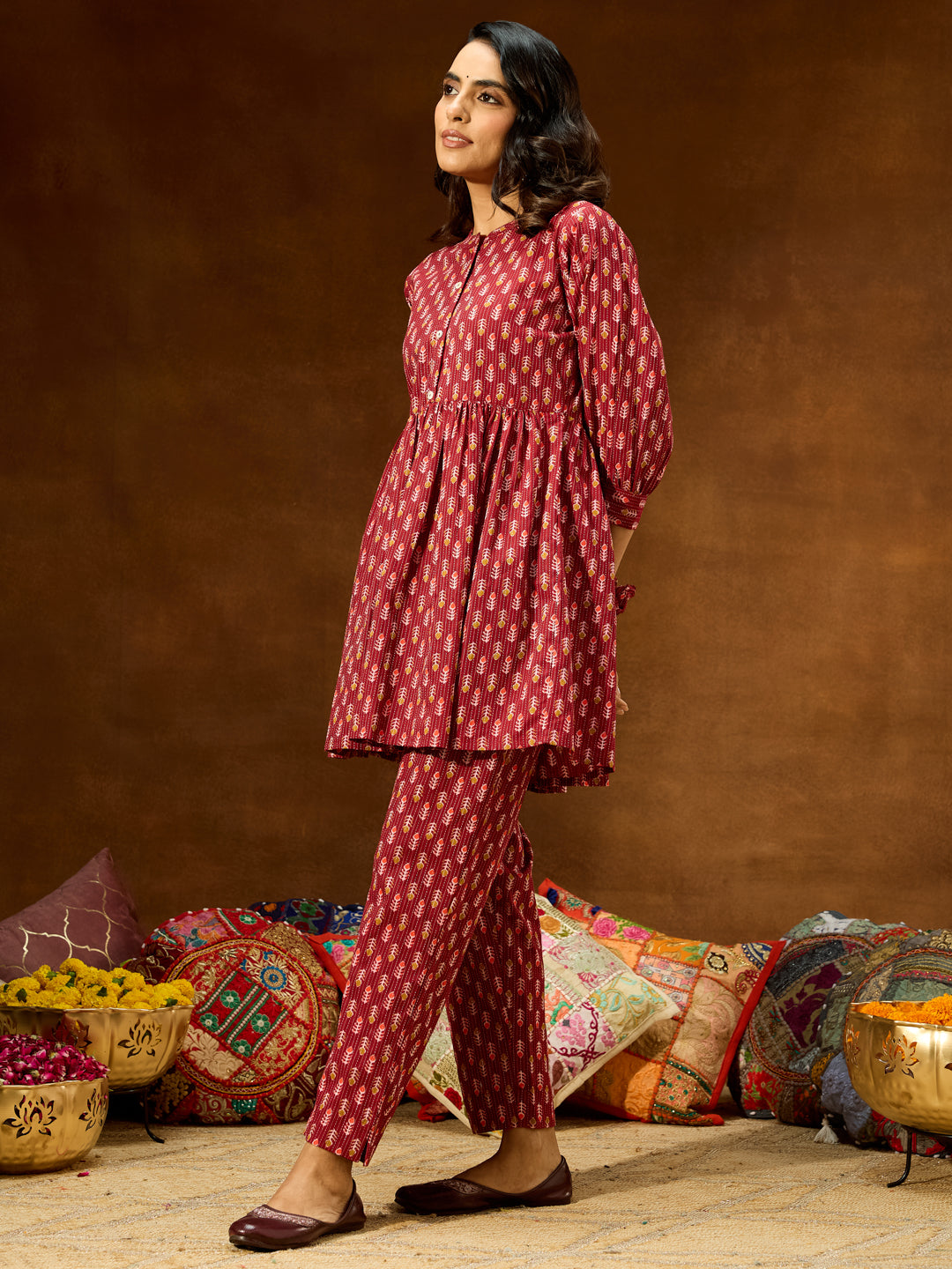 Ninnique Women's Maroon Pure Cotton Ethnic Motifs Printed Peplum Co-ord Set