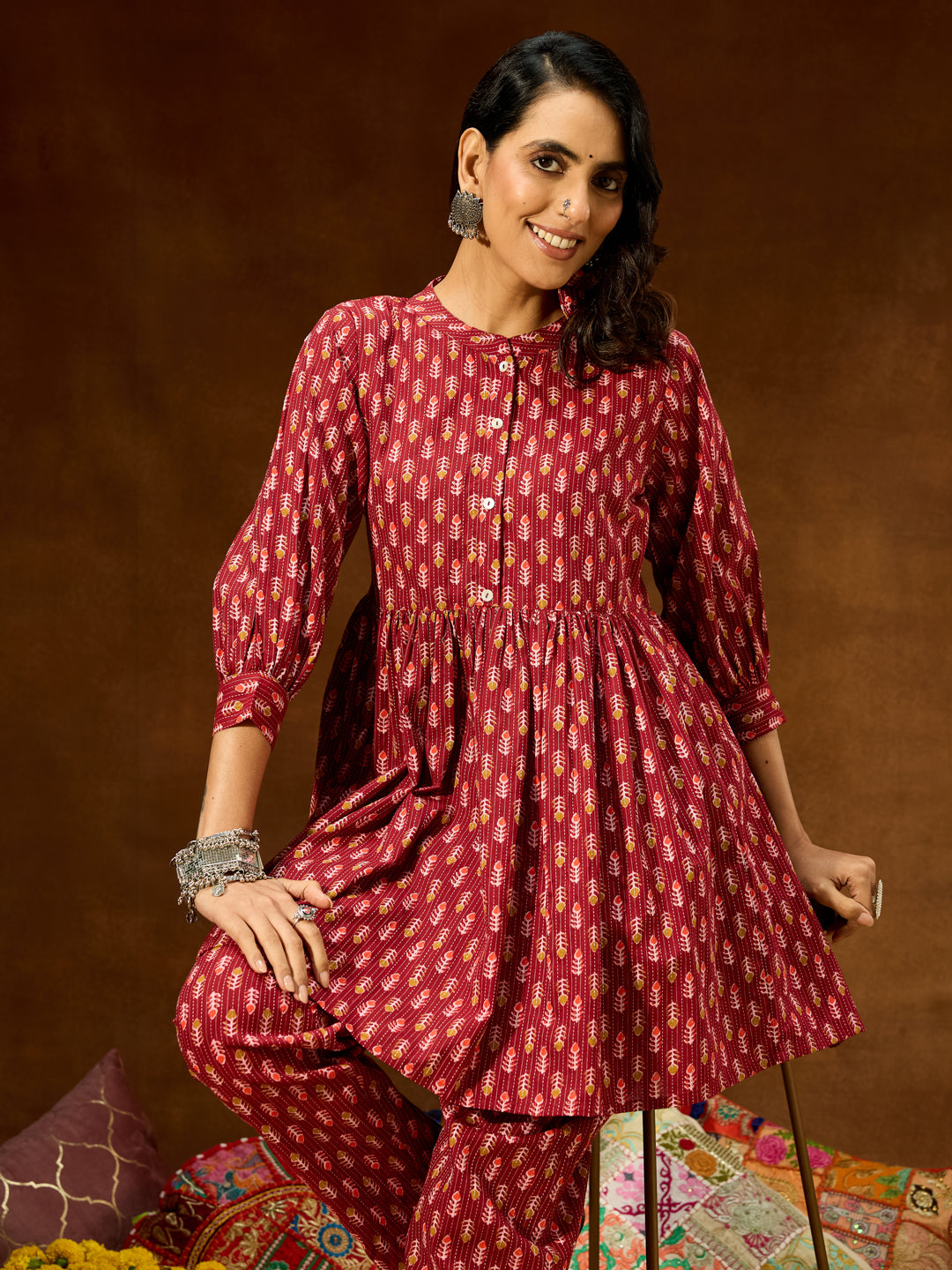 Ninnique Women's Maroon Pure Cotton Ethnic Motifs Printed Peplum Co-ord Set